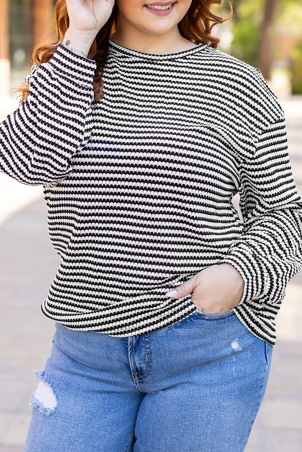 Black Stripe Drop Shoulder Puff Long Sleeve O Neck Plus Size T Shirt - Cowaa