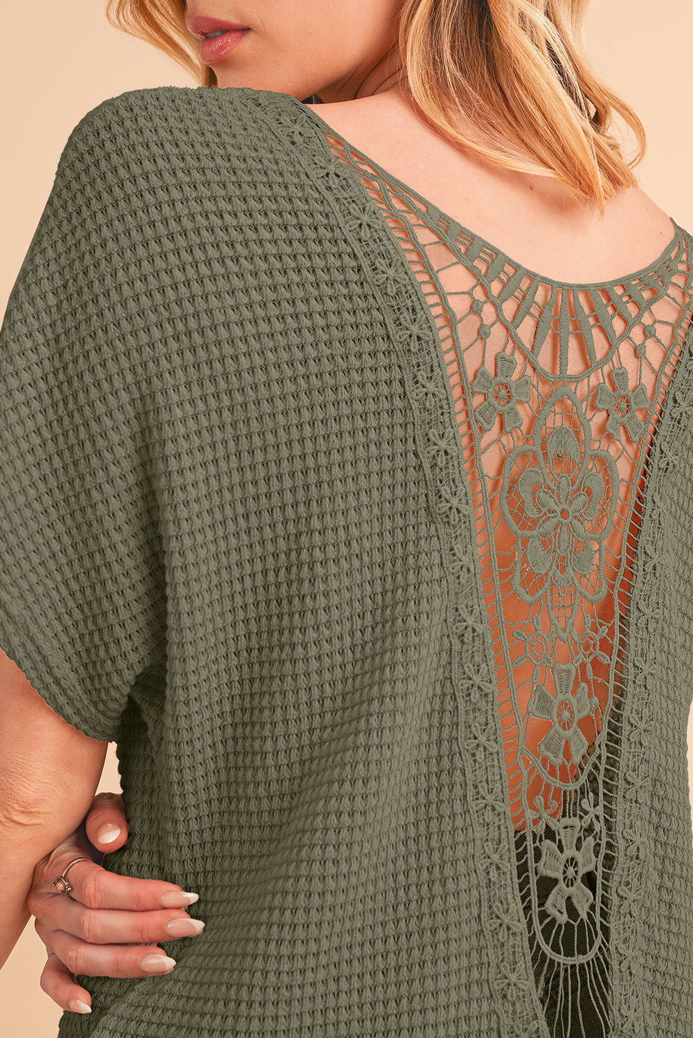 Oatmeal Guipure Lace Splicing Back Waffle Textured T-shirt - Cowaa