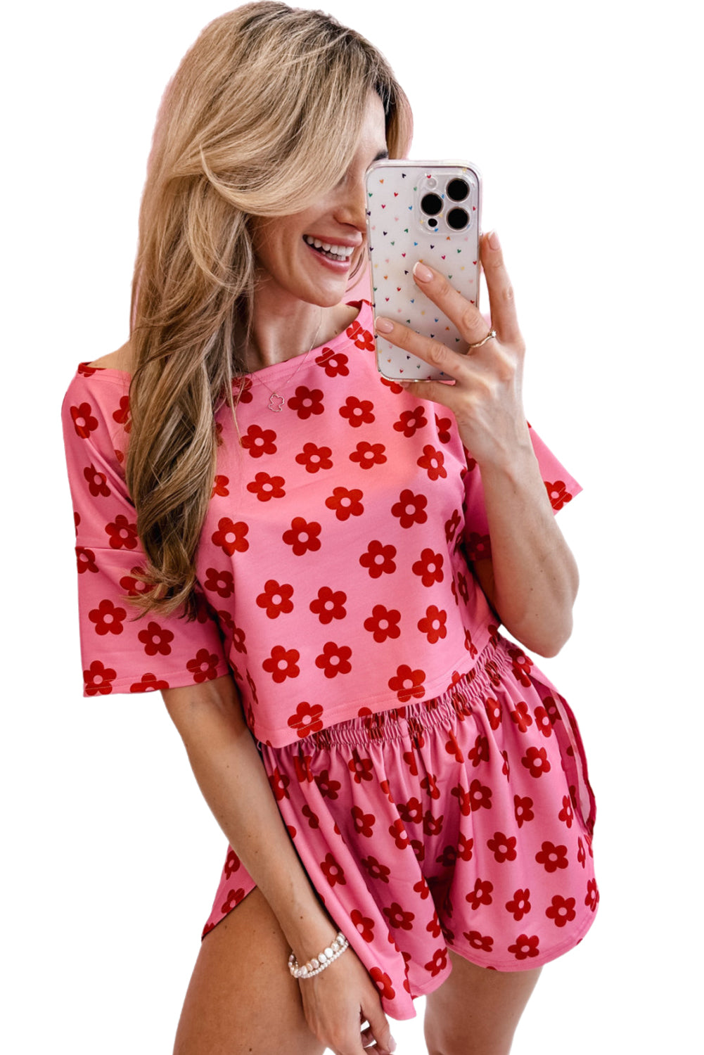 Rose Floral Print Crop Tee and Slits Shorts Pajama Set - Cowaa