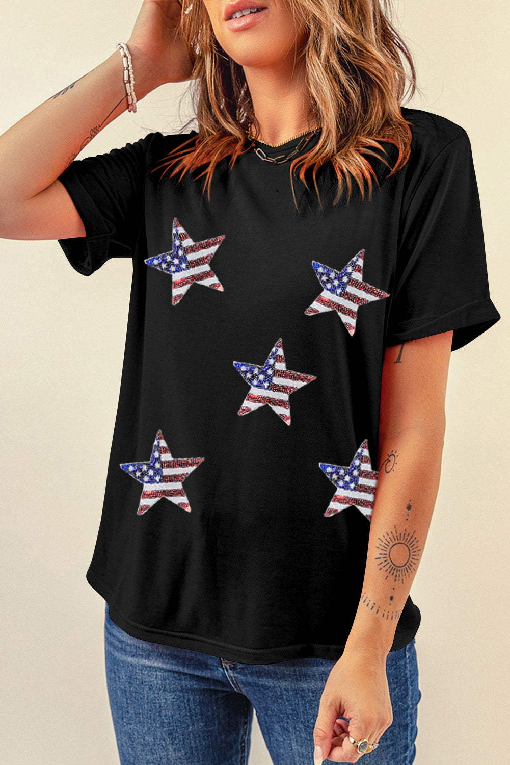 Sequin American Flag Star Graphic T Shirt - Cowaa