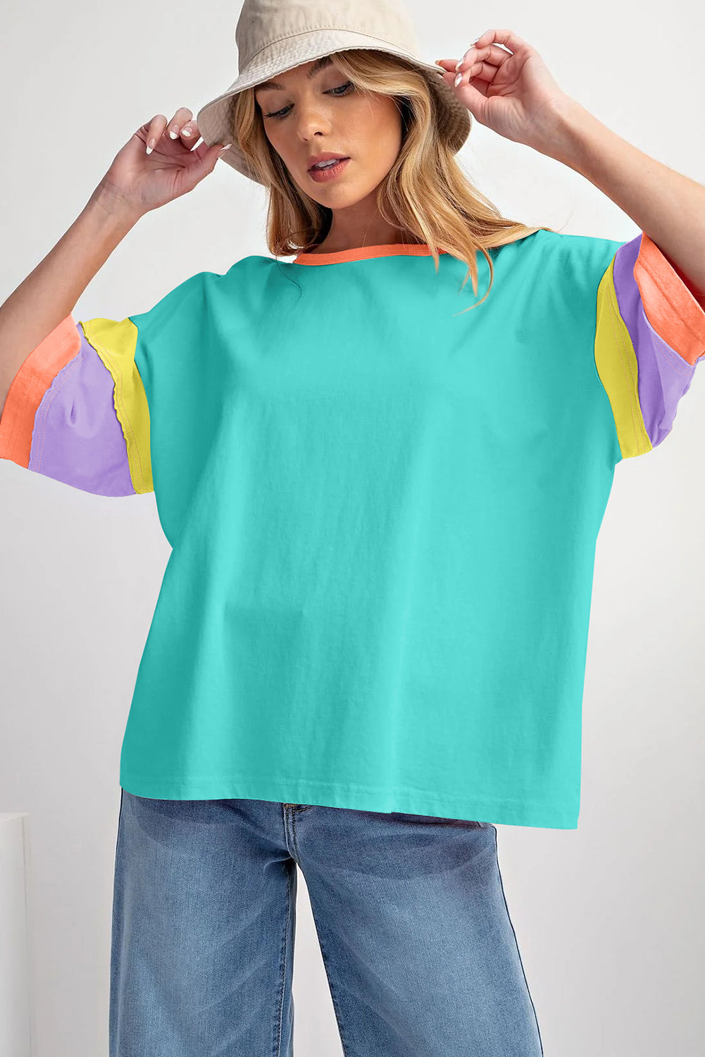 Green Color Block Sleeve Round Neck Oversize Top - Cowaa