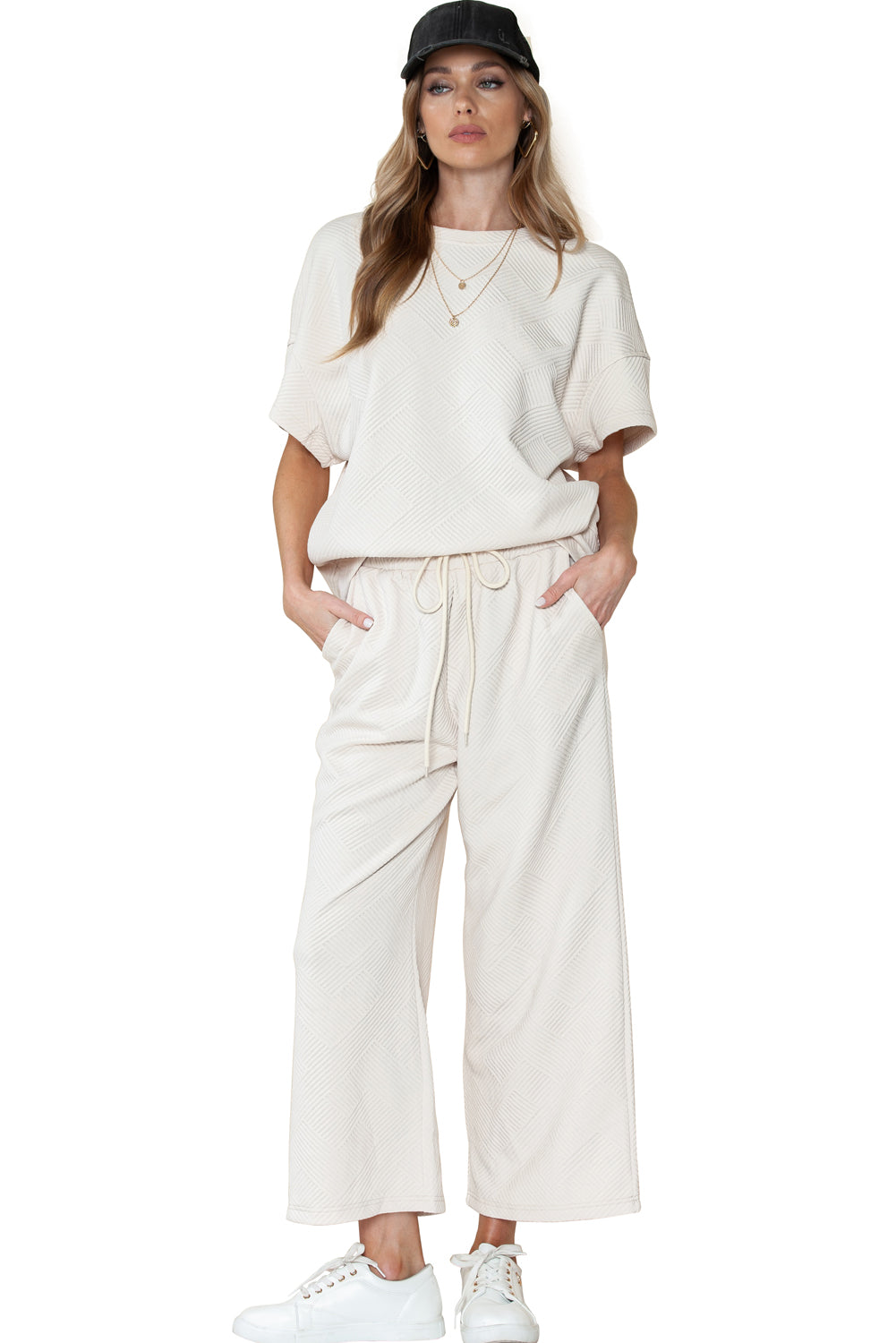 Navy Blue Textured Loose Fit T Shirt and Drawstring Pants Set - Cowaa