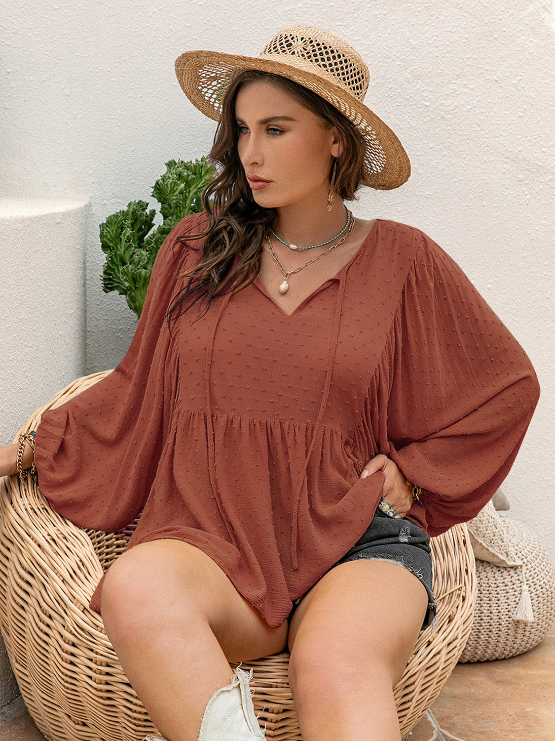 Plus Size Swiss Dot Tie Neck Long Sleeve Blouse - Cowaa