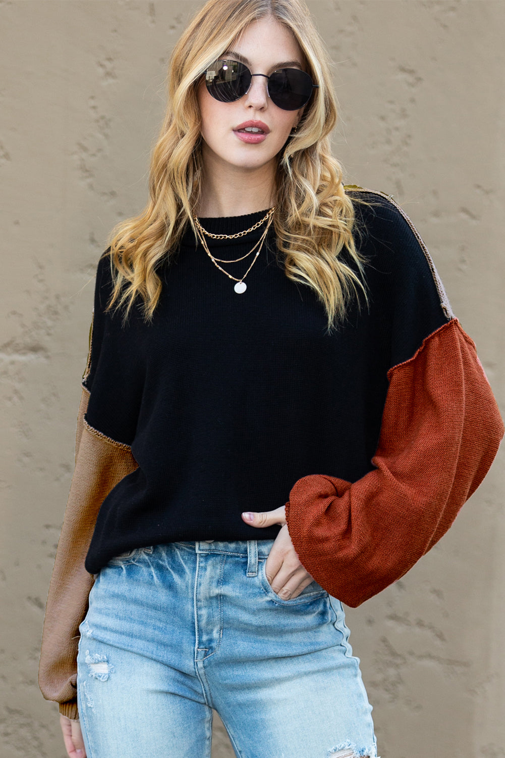 Bishop Sleeve Exposed Seam Ribbed Trim Sweater - Cowaa