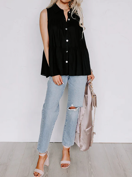 Black Button Up Tiered Sleeveless Top - Cowaa