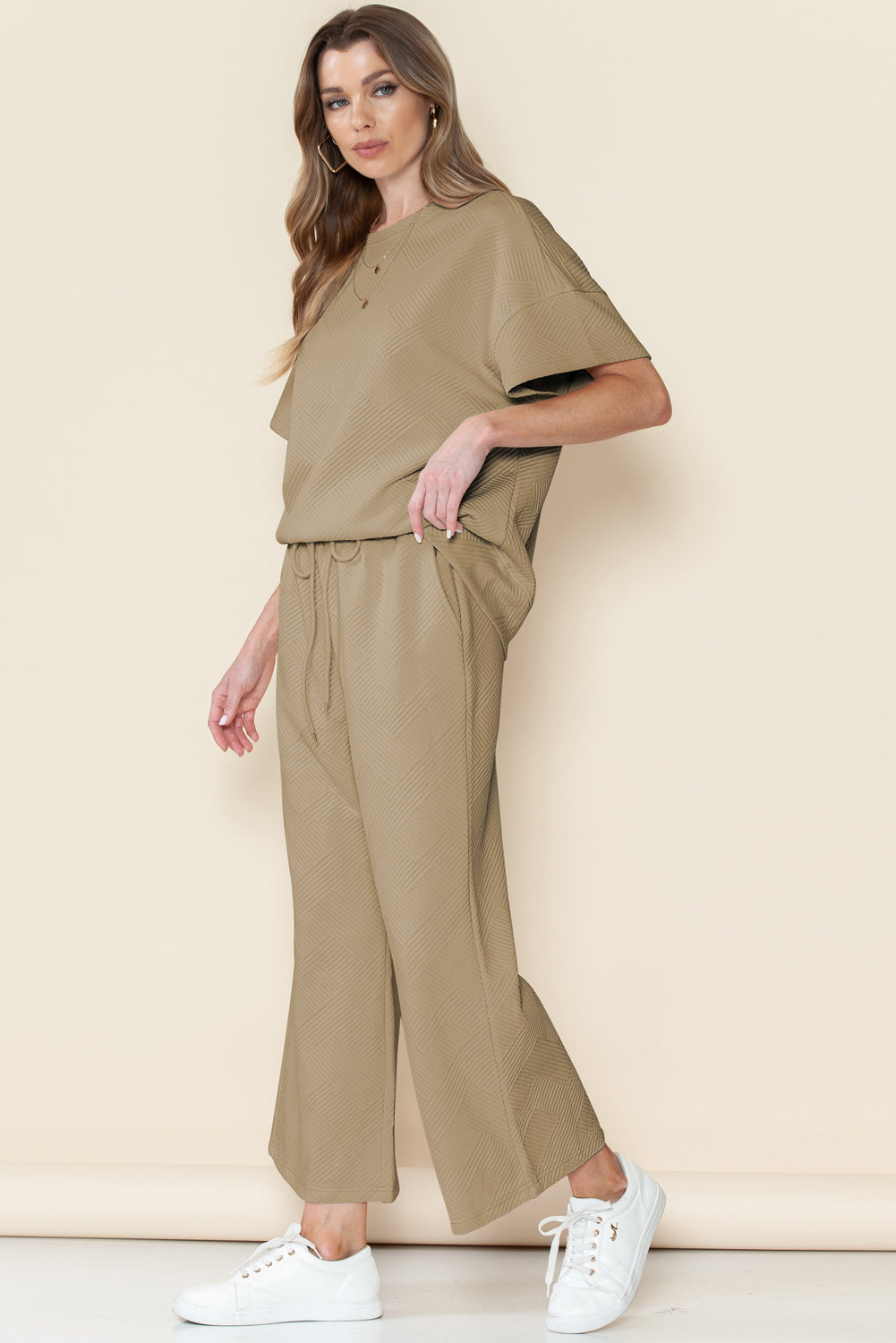 Navy Blue Textured Loose Fit T Shirt and Drawstring Pants Set - Cowaa
