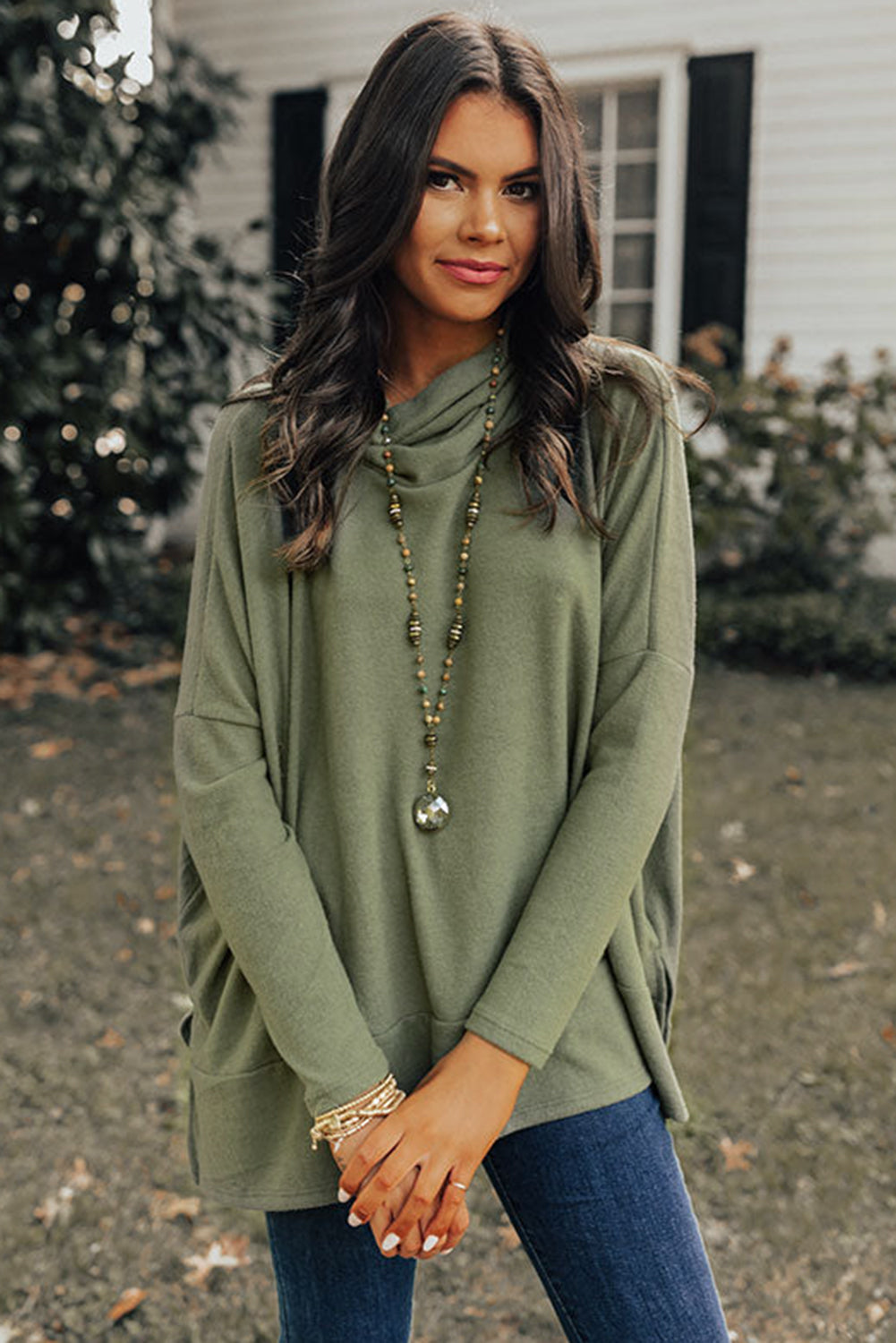 Cowl Neck Loose Fit Tunic Long Sleeve Top - Cowaa