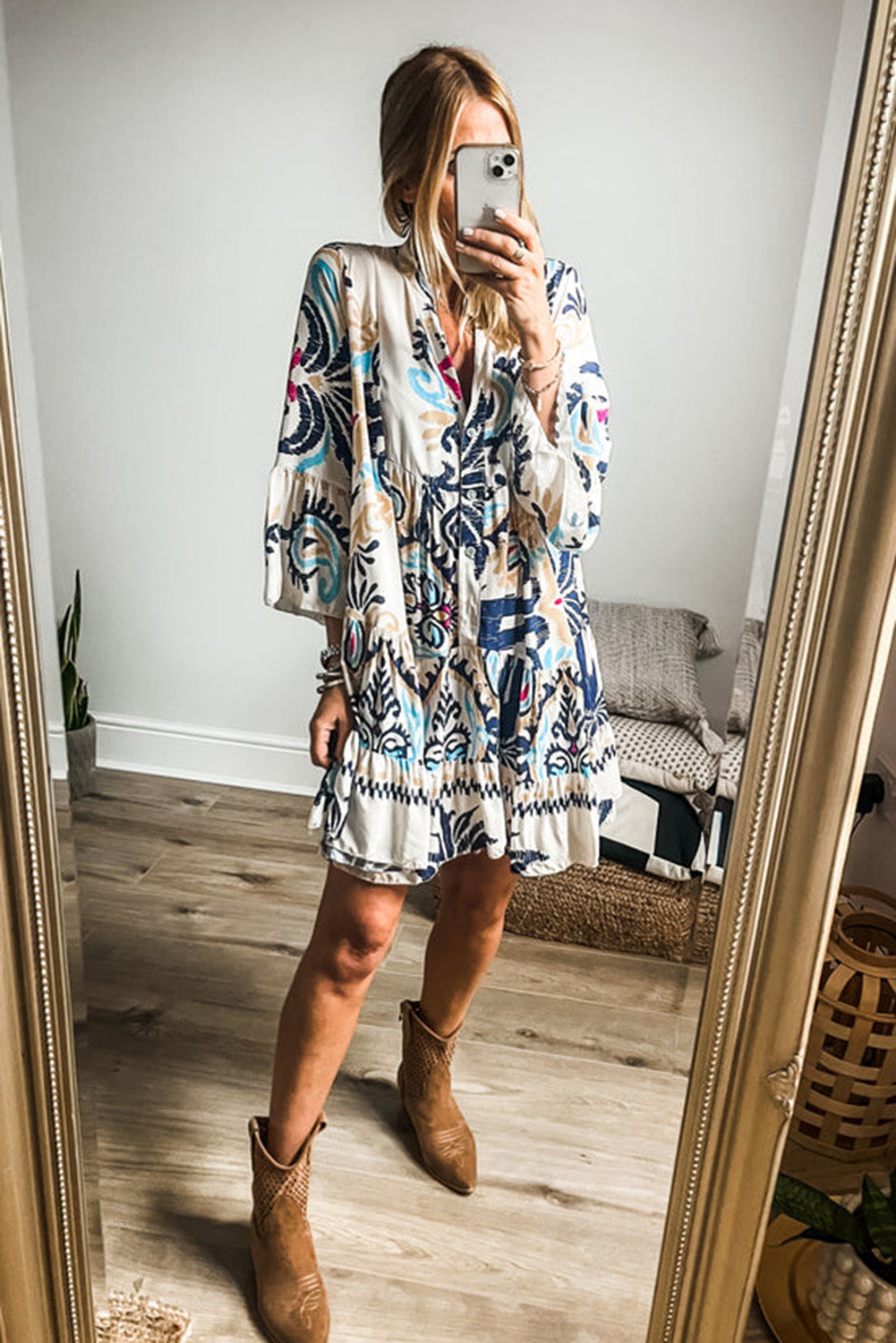 White Ethnic Print Boho Button Tiered Mini Dress - Cowaa