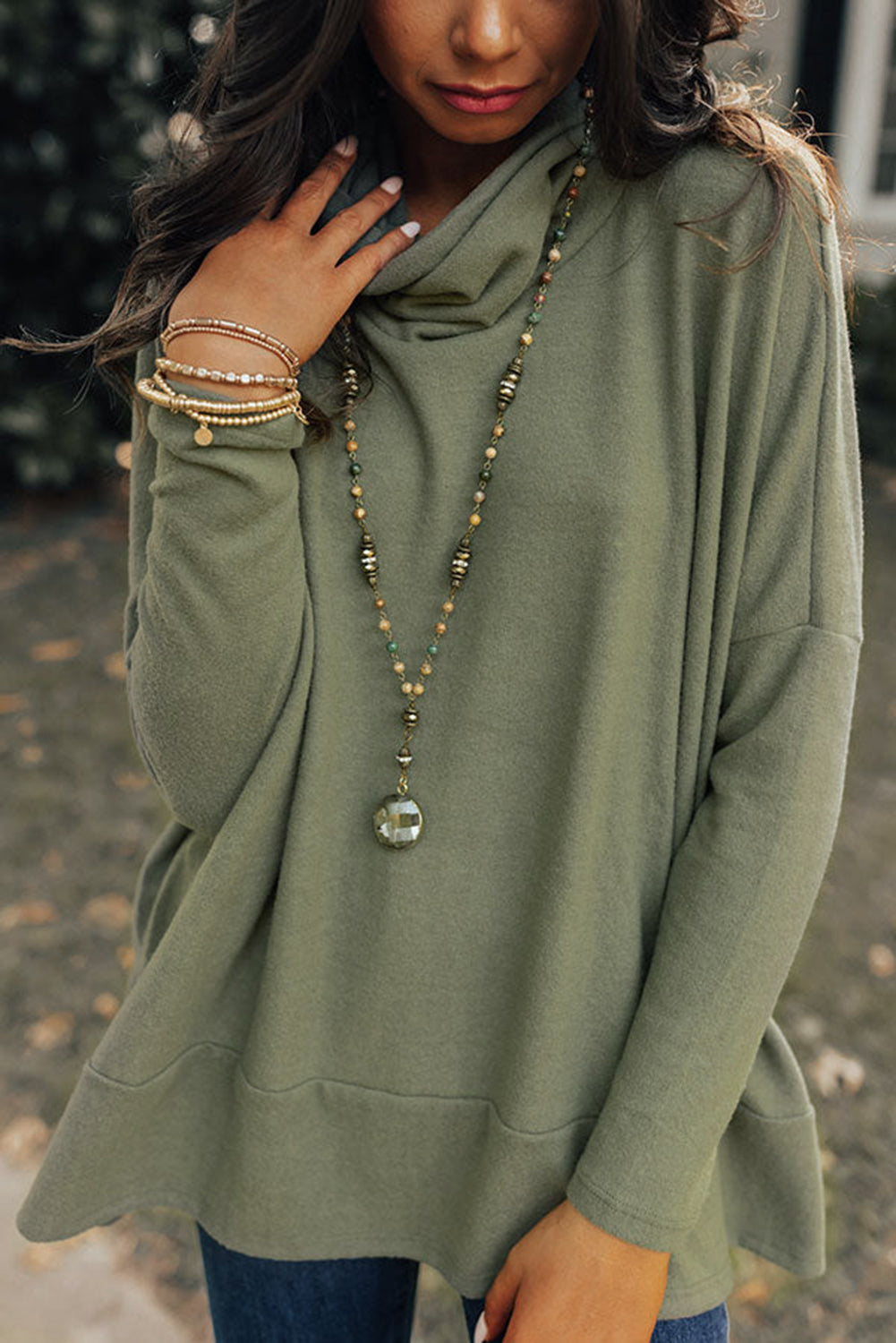 Cowl Neck Loose Fit Tunic Long Sleeve Top - Cowaa