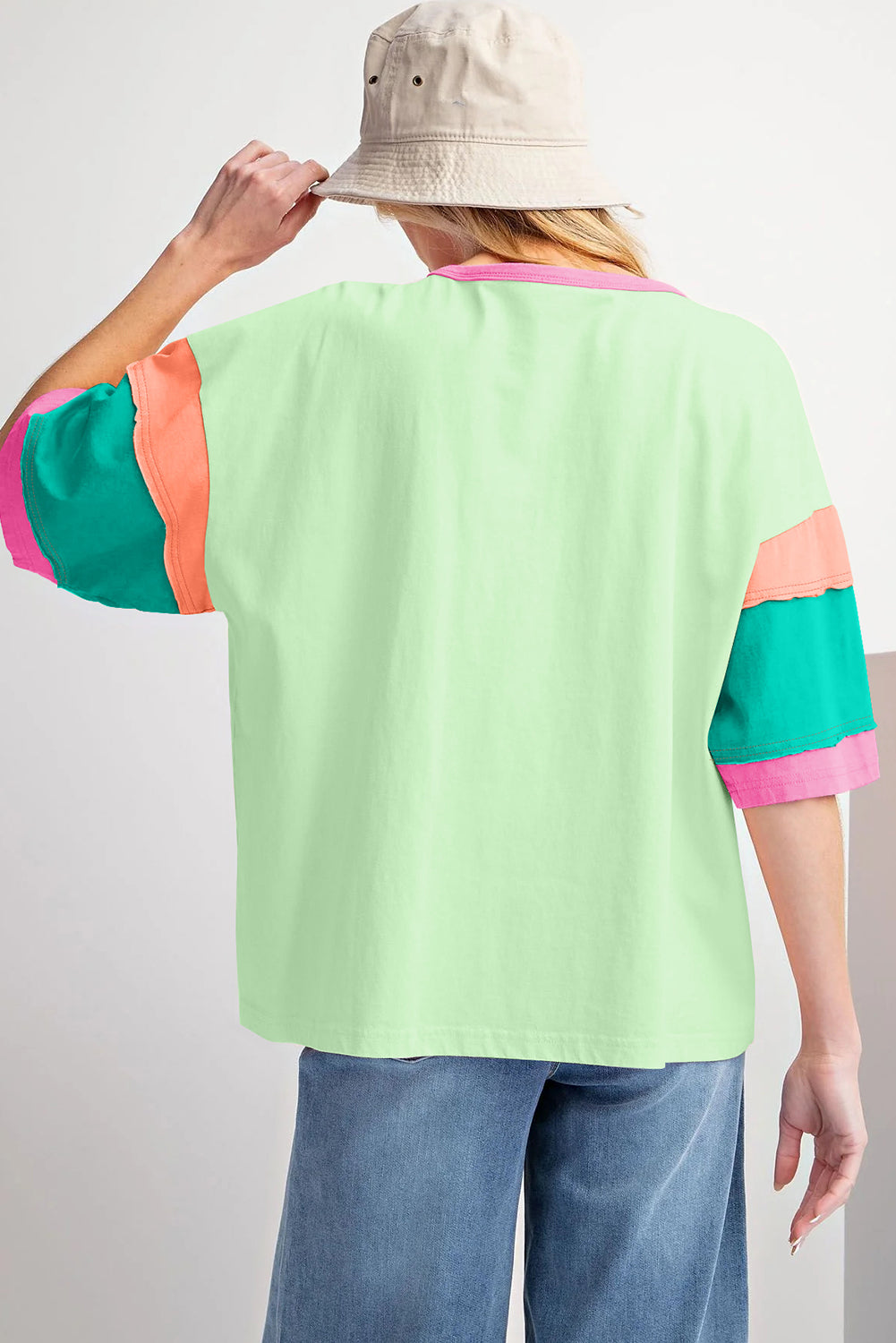 Green Color Block Sleeve Round Neck Oversize Top - Cowaa