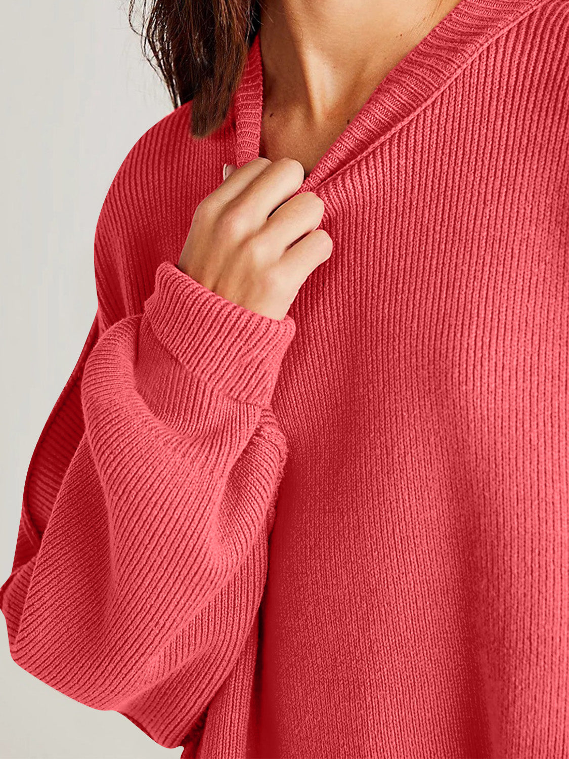 Double Take Side Slit Round Neck Long Sleeve Sweater - Cowaa