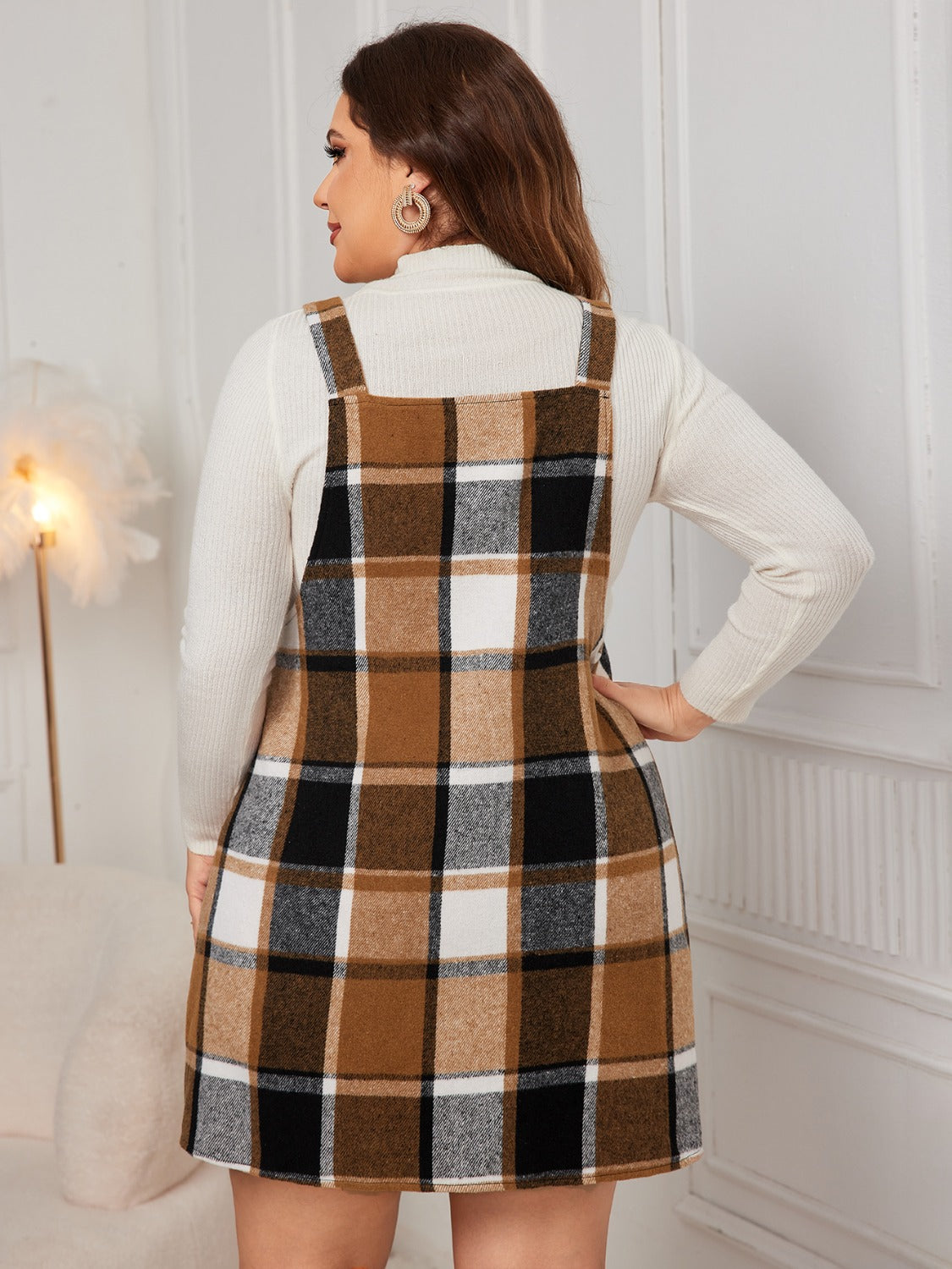 Plus Size Plaid Wide Strap Overall Dress - Cowaa