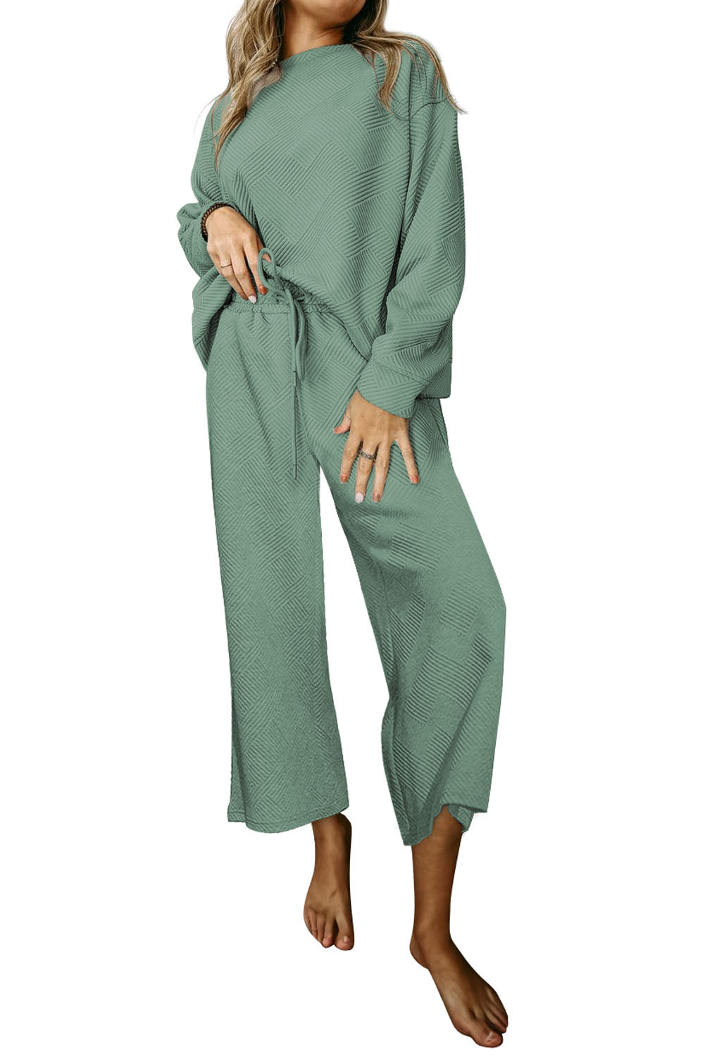 Strawberry Pink Textured Loose Slouchy Long Sleeve Top and Pants Set - Cowaa