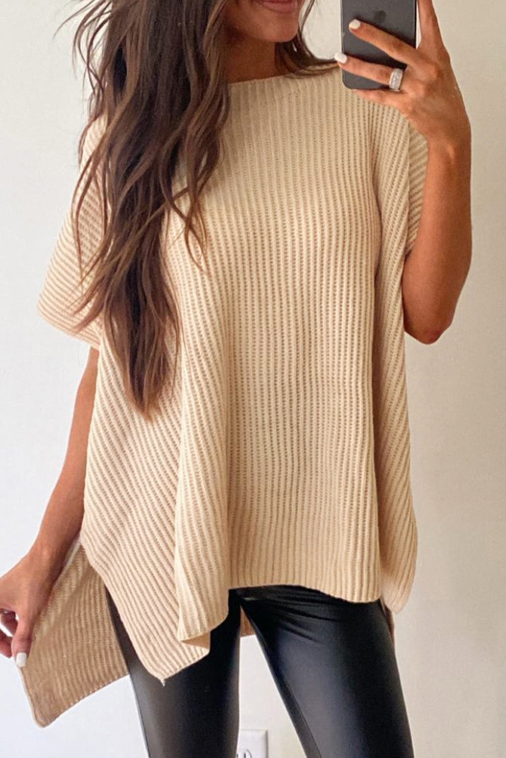Rose Red Side Slit Short Sleeve Oversized Sweater - Cowaa