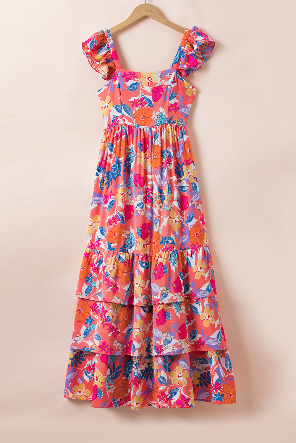 Boho Floral Print Ruffle Sleeveless Tiered Maxi Dress