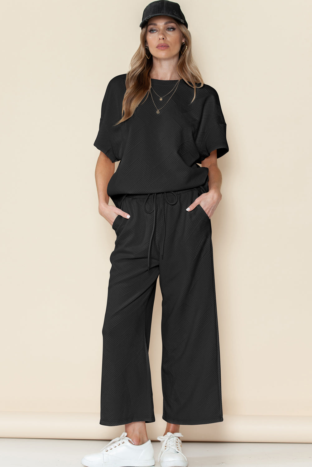 Navy Blue Textured Loose Fit T Shirt and Drawstring Pants Set - Cowaa