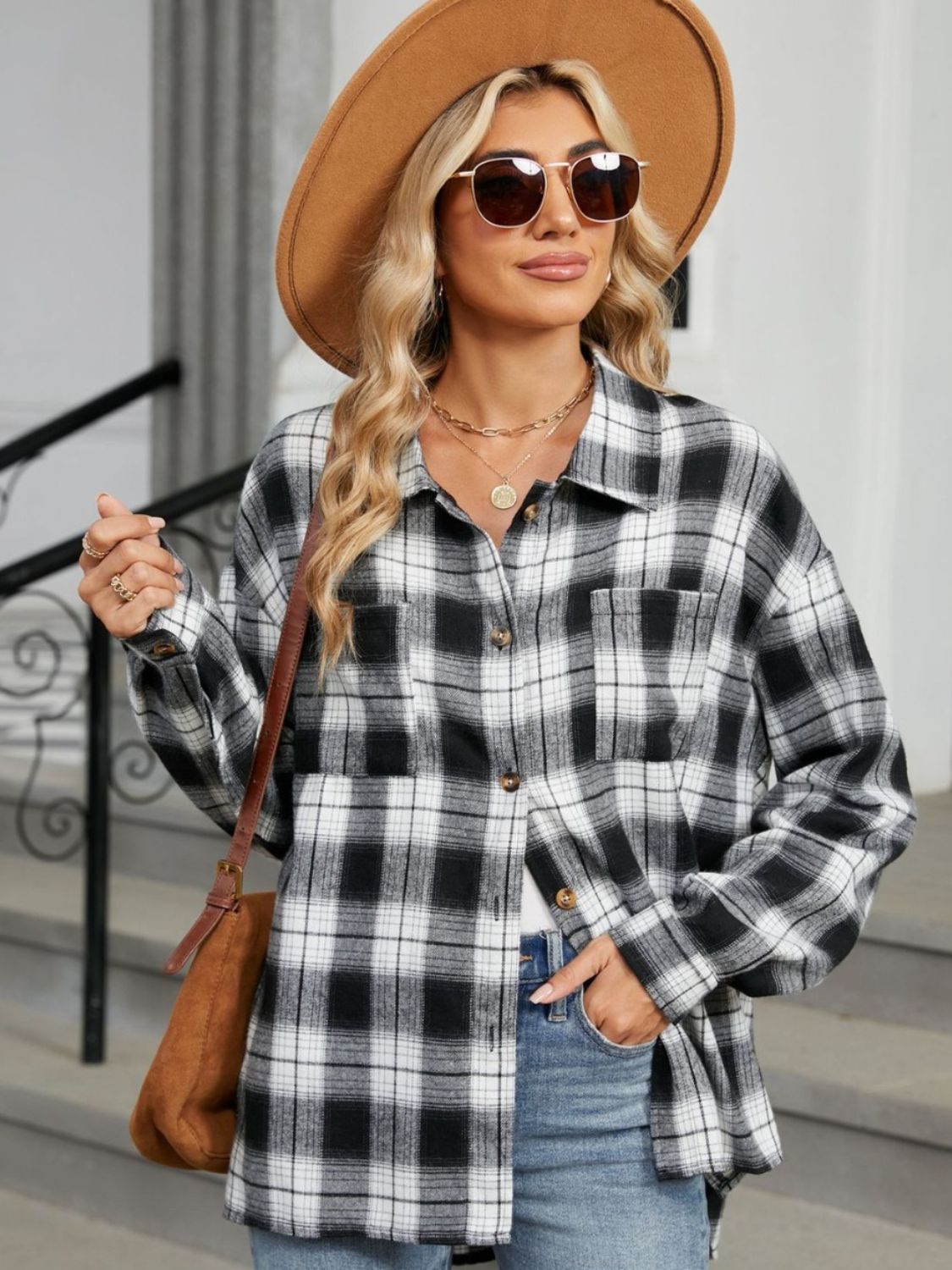 Plaid Collared Neck Long Sleeve Shirt - Cowaa