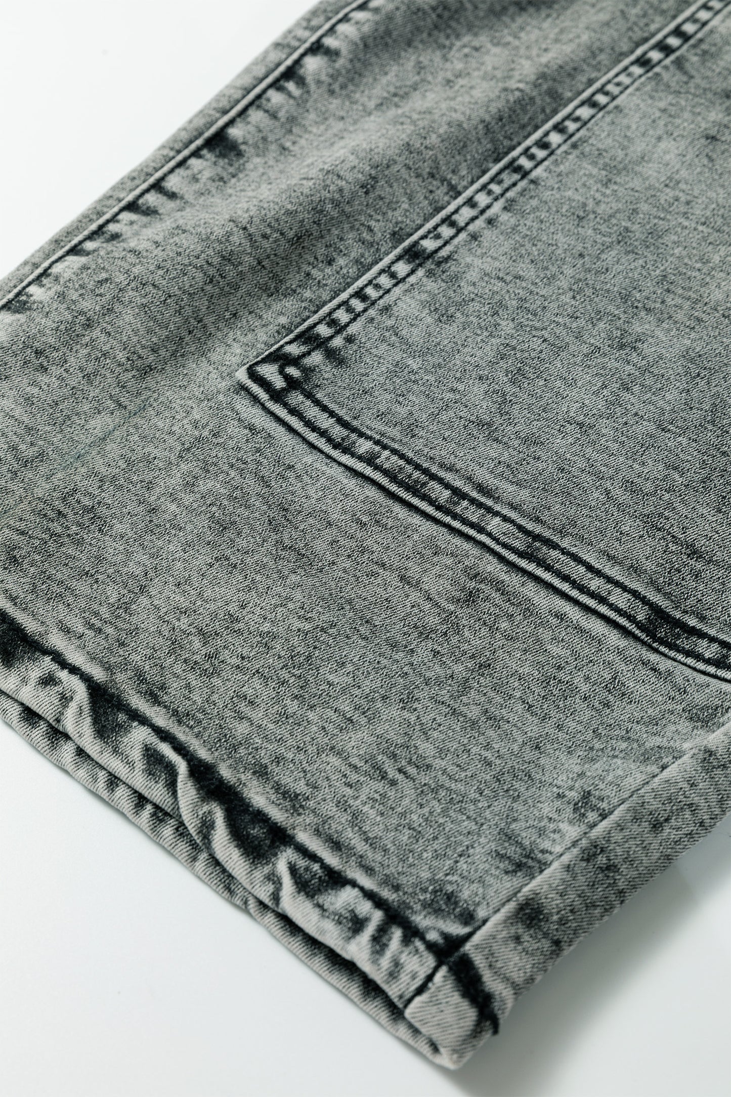 Gray Acid Wash Barrel Fit Denim Pants with Waist String - Cowaa