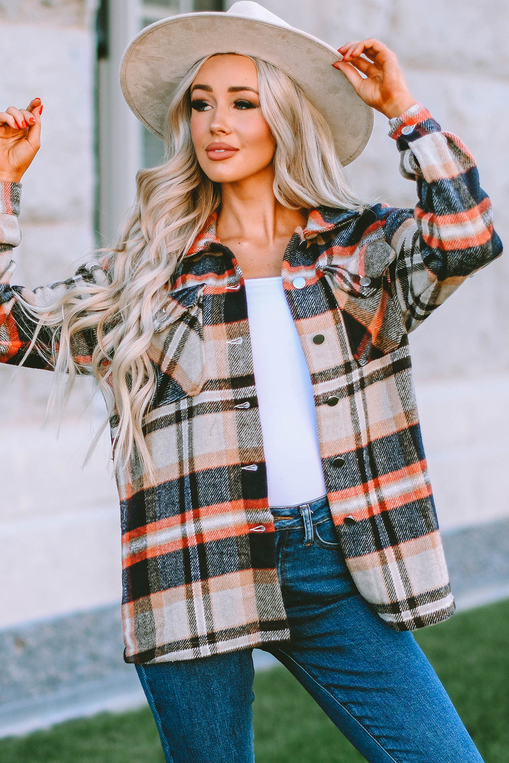 Plaid Button Front Pocket Shirt Shacket - Cowaa