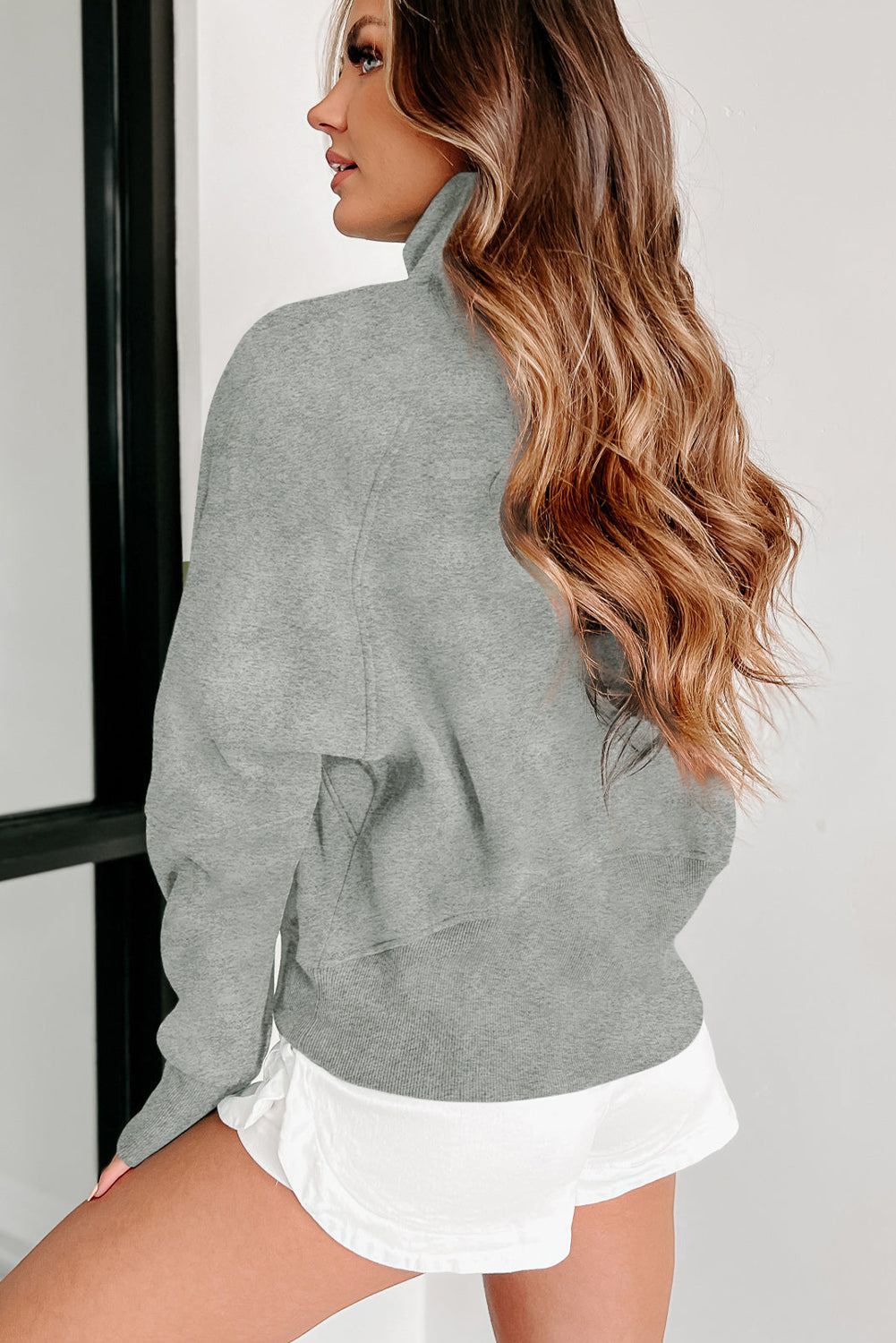 Brown Zip Up Stand Collar Thumbhole Sleeve Sweatshirt - Cowaa