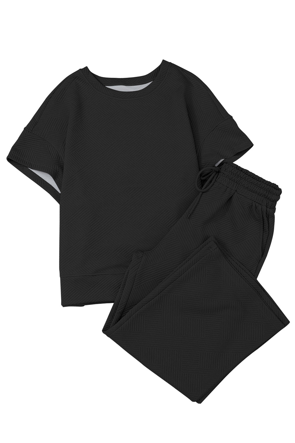 Navy Blue Textured Loose Fit T Shirt and Drawstring Pants Set - Cowaa