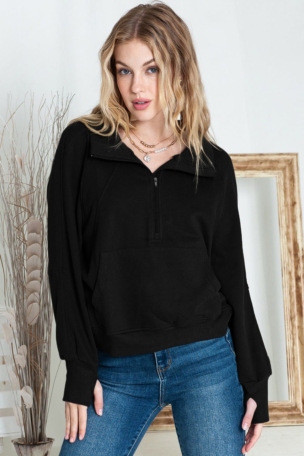 Brown Zip Up Stand Collar Thumbhole Sleeve Sweatshirt - Cowaa