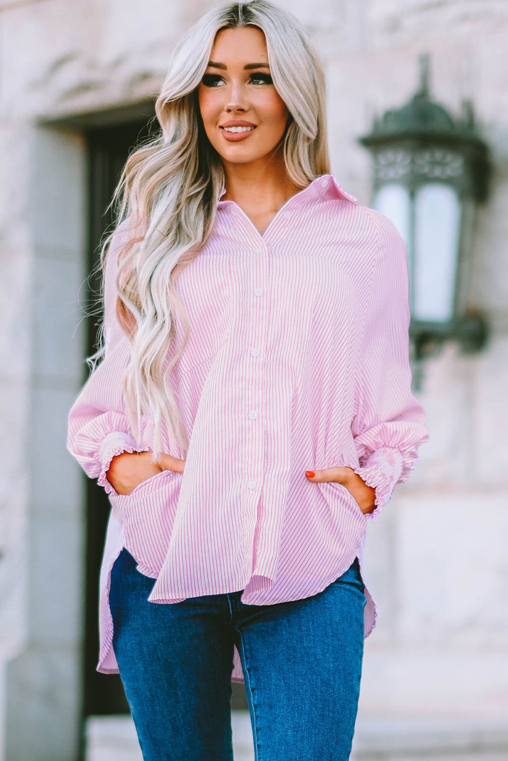 Black Striped Casual Shirred Cuffs Shirt - Cowaa