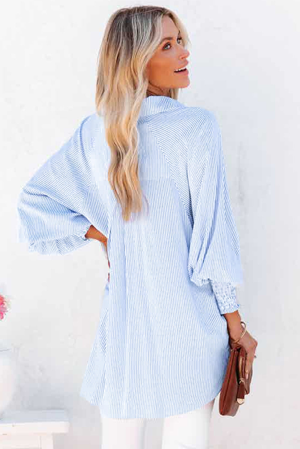 Black Striped Casual Shirred Cuffs Shirt - Cowaa