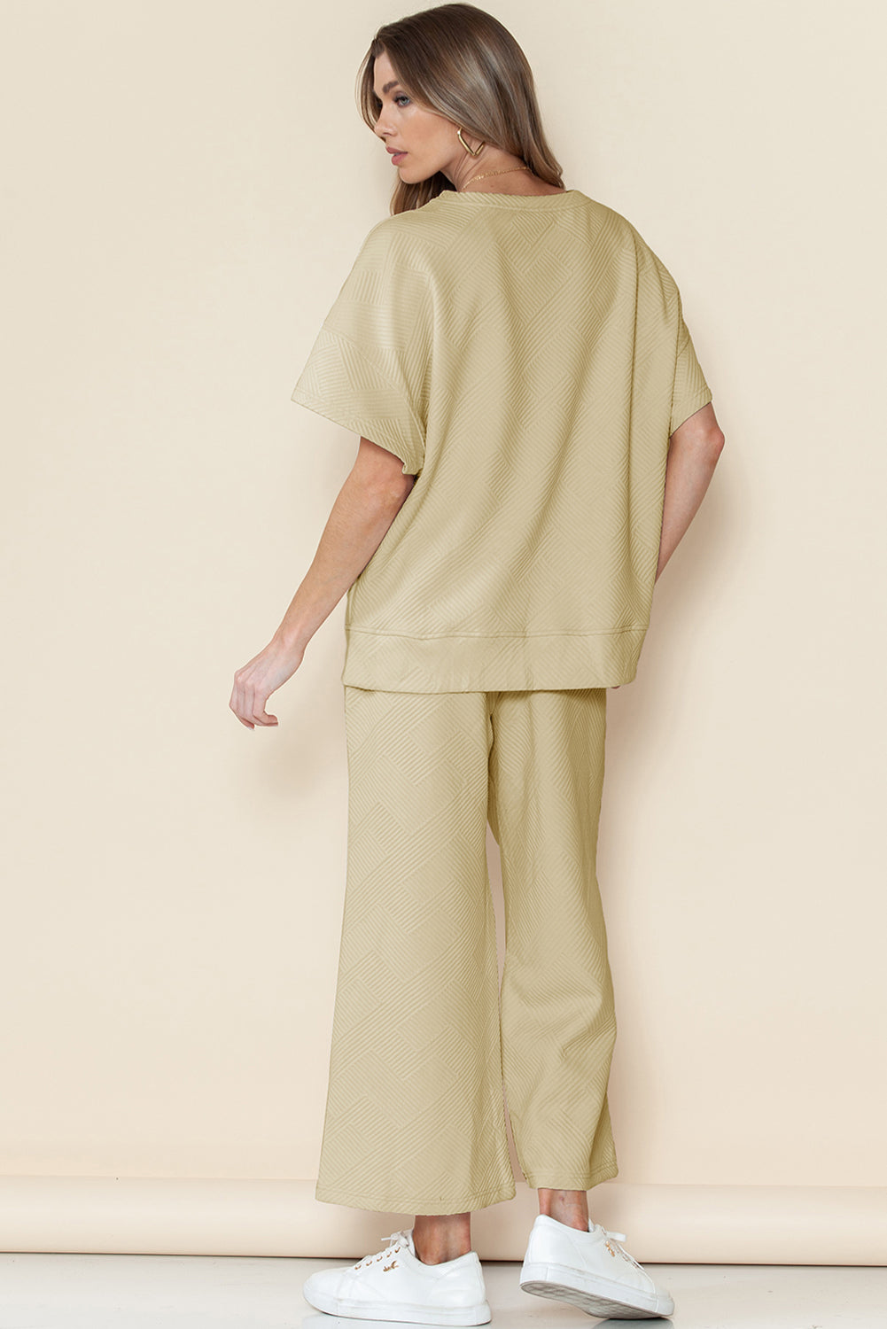 Navy Blue Textured Loose Fit T Shirt and Drawstring Pants Set - Cowaa