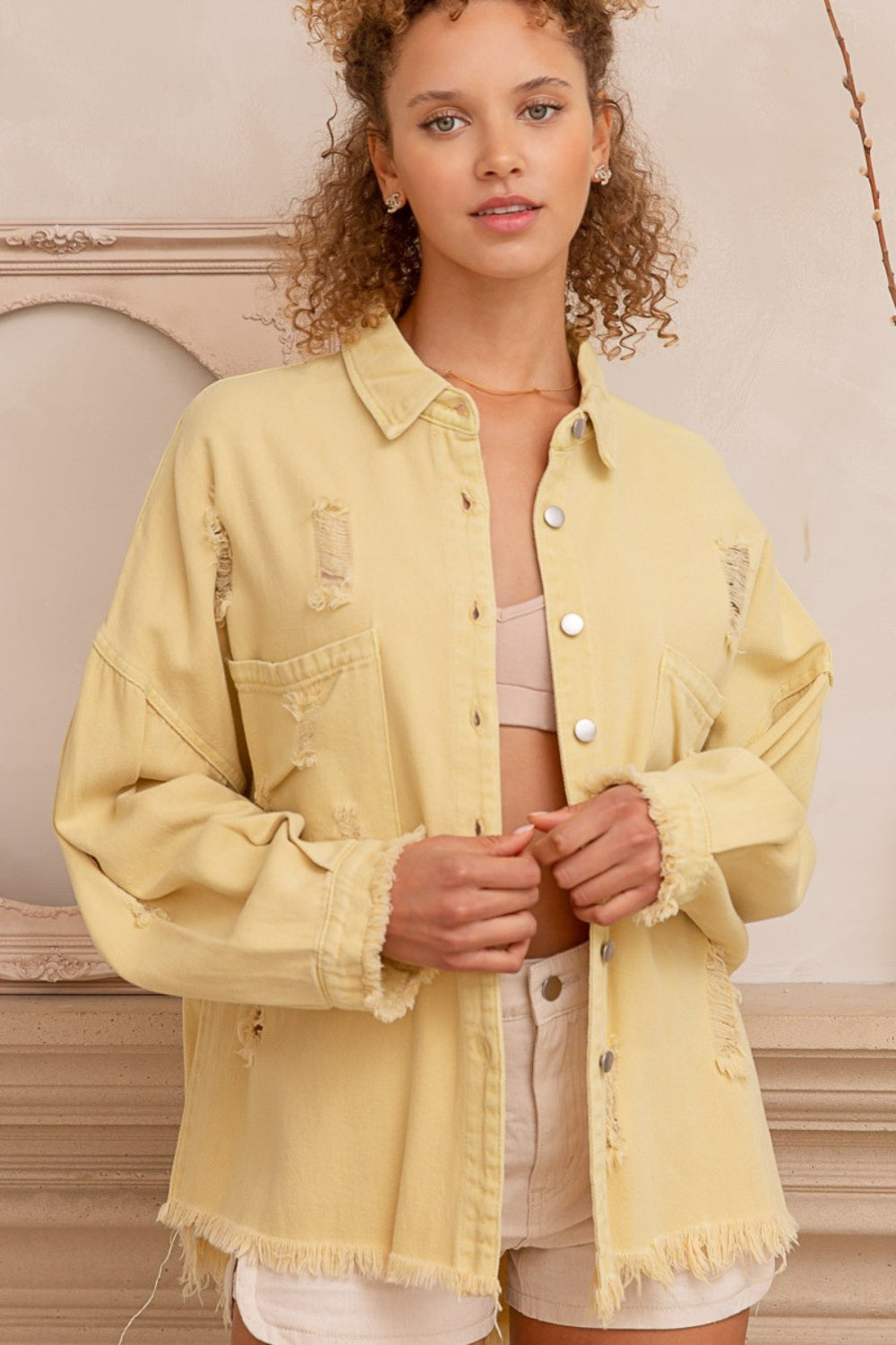 Button Down Raw Hem Distressed Shacket - Cowaa