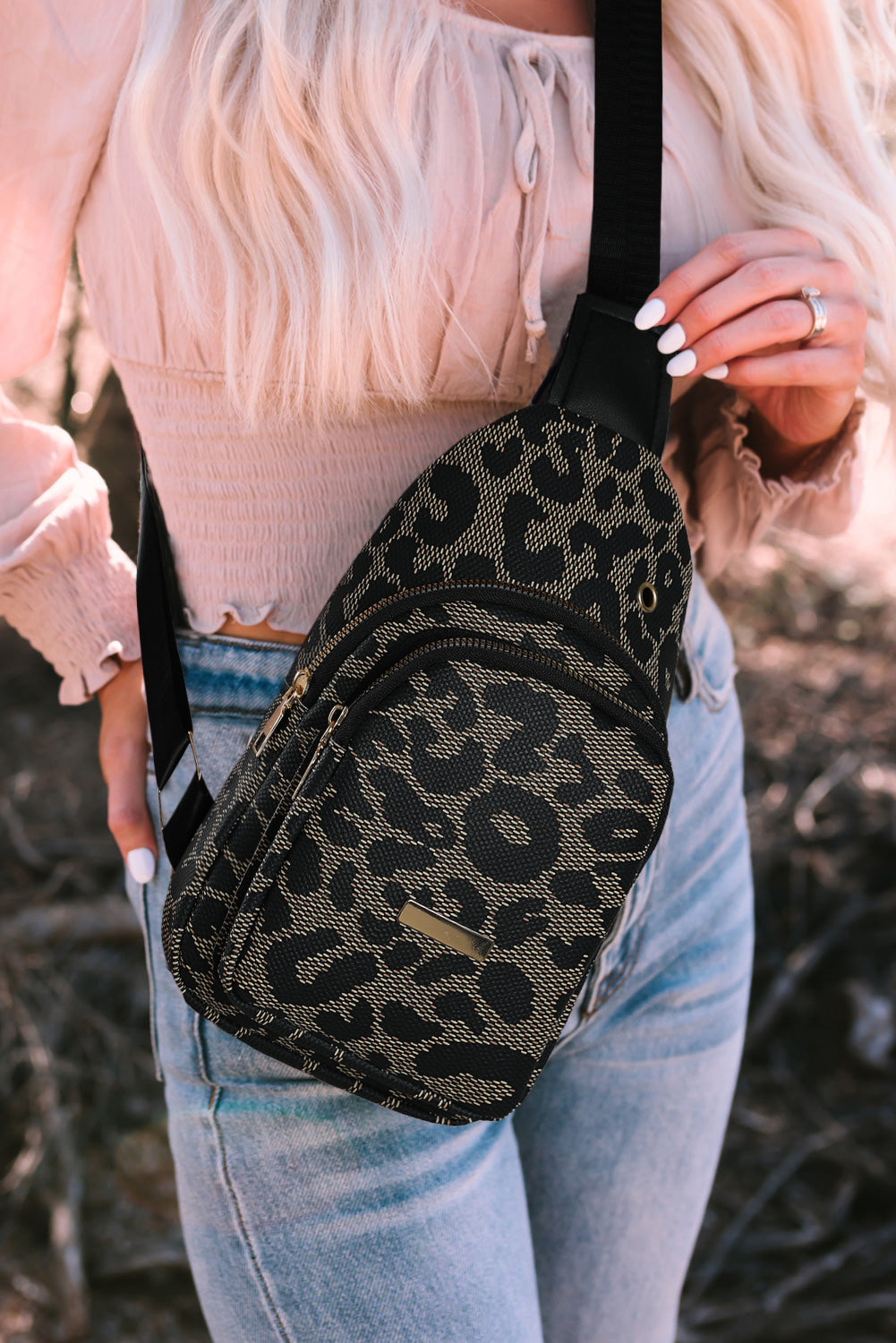 Leopard Printed PU Leather Zippered Fanny Pack Sling Bag - Cowaa