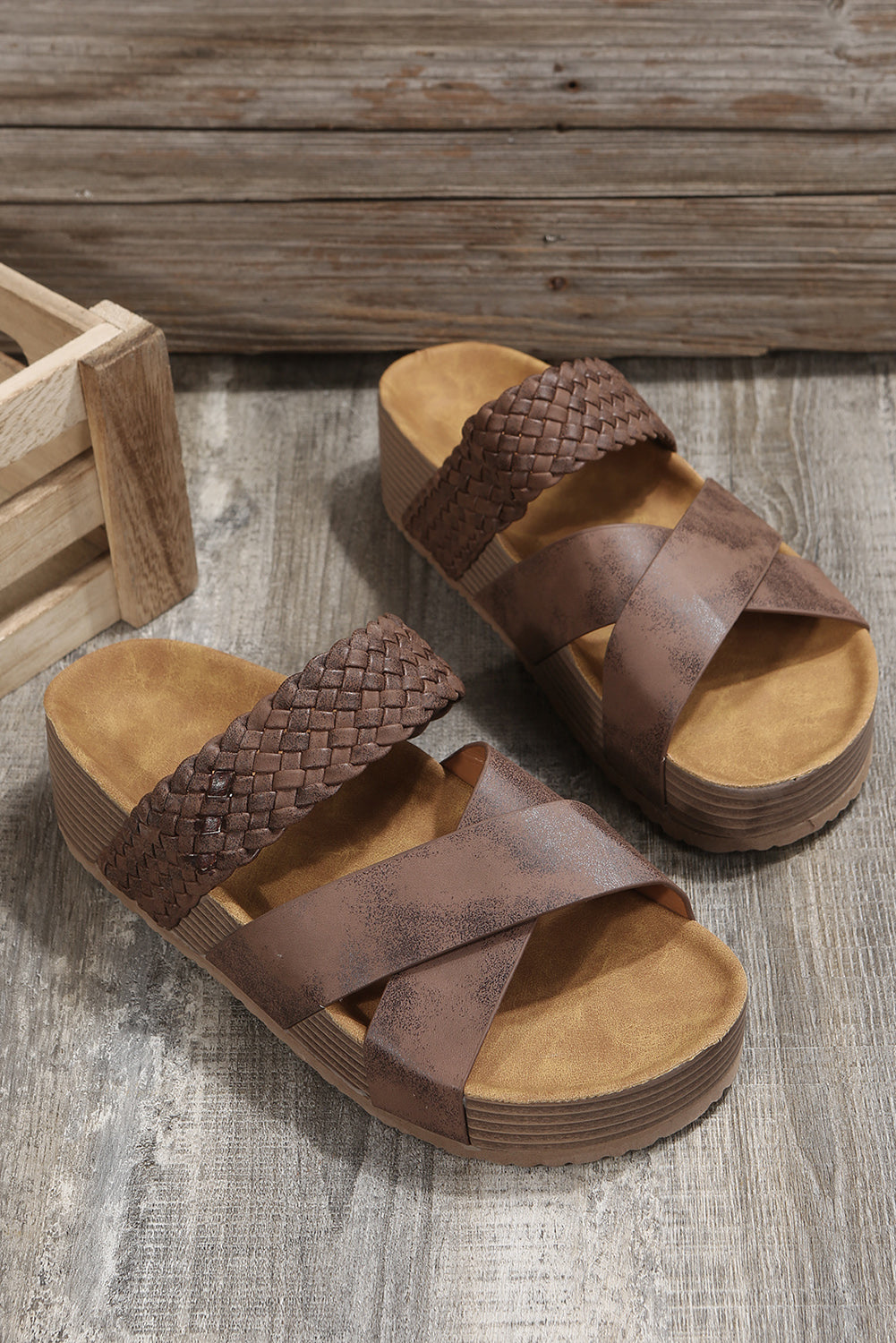 Beige Braided Detail Criss Cross Platform Sandals - Cowaa