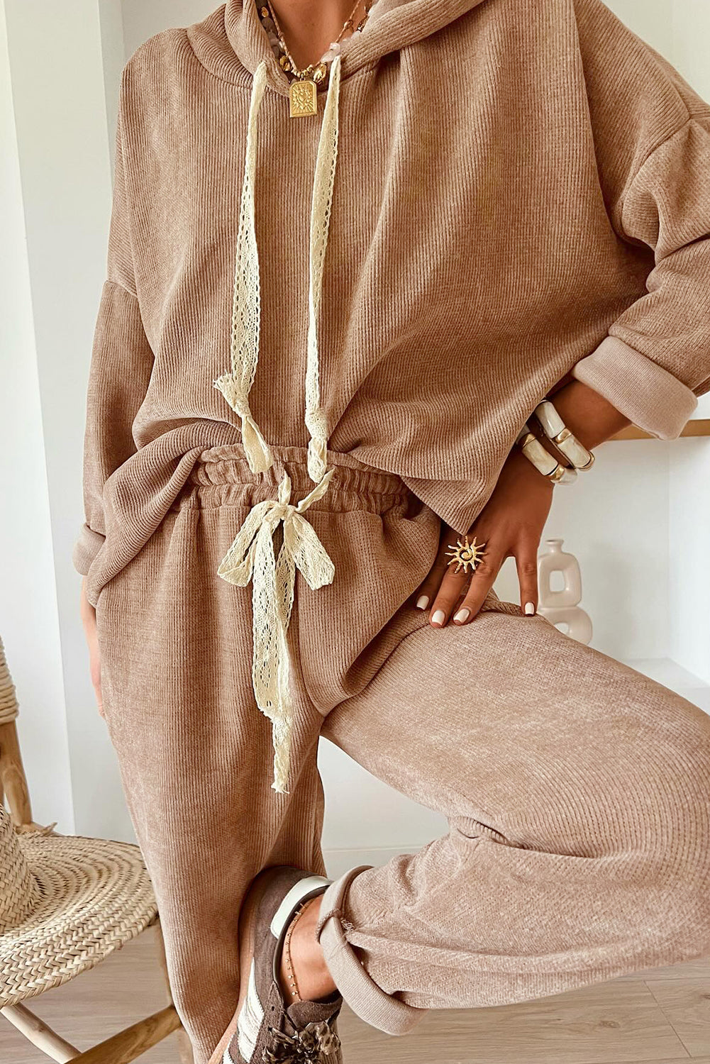 Rose Tan Drawstring Pullover Hoodie and High Waist Pants Corduroy Suit
