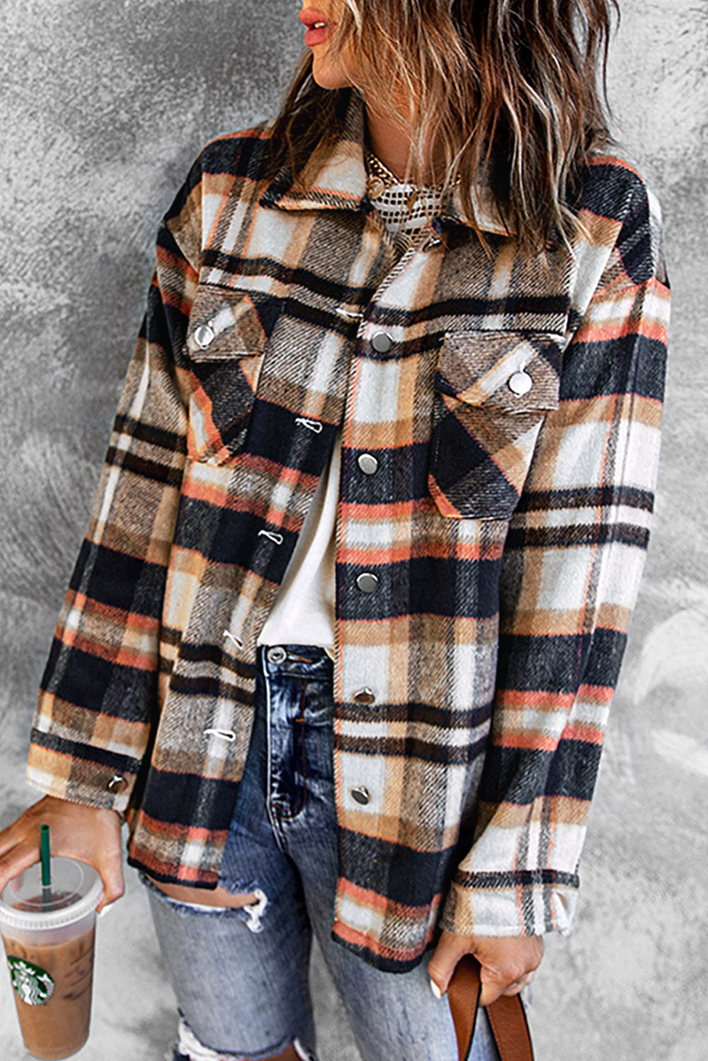 Plaid Button Front Pocket Shirt Shacket - Cowaa