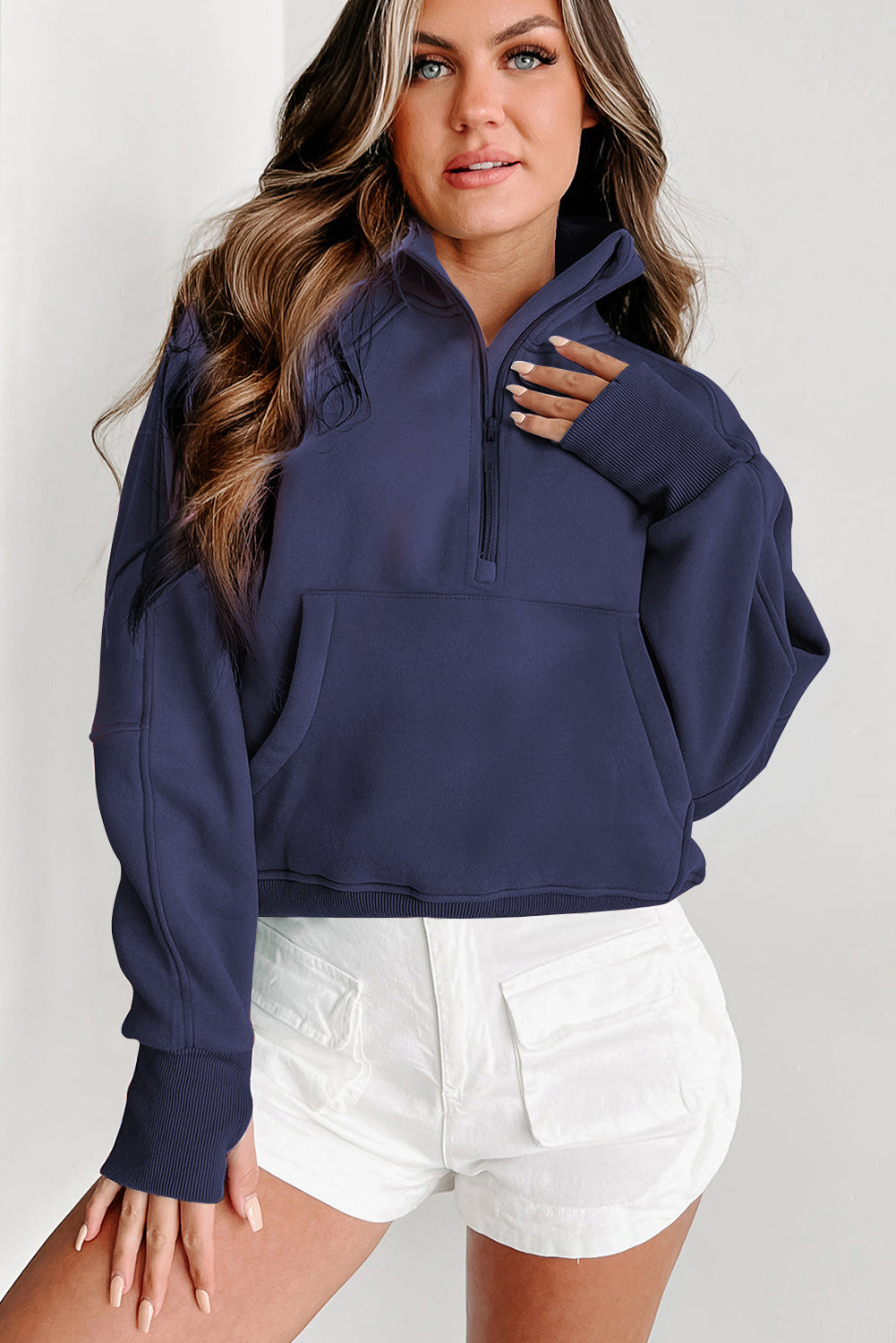 Brown Zip Up Stand Collar Thumbhole Sleeve Sweatshirt - Cowaa
