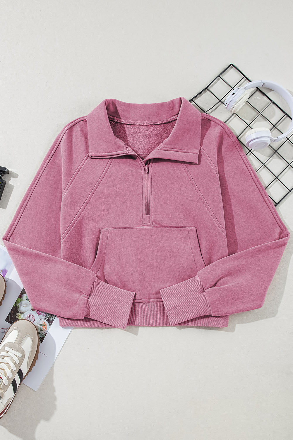 Brown Zip Up Stand Collar Thumbhole Sleeve Sweatshirt - Cowaa