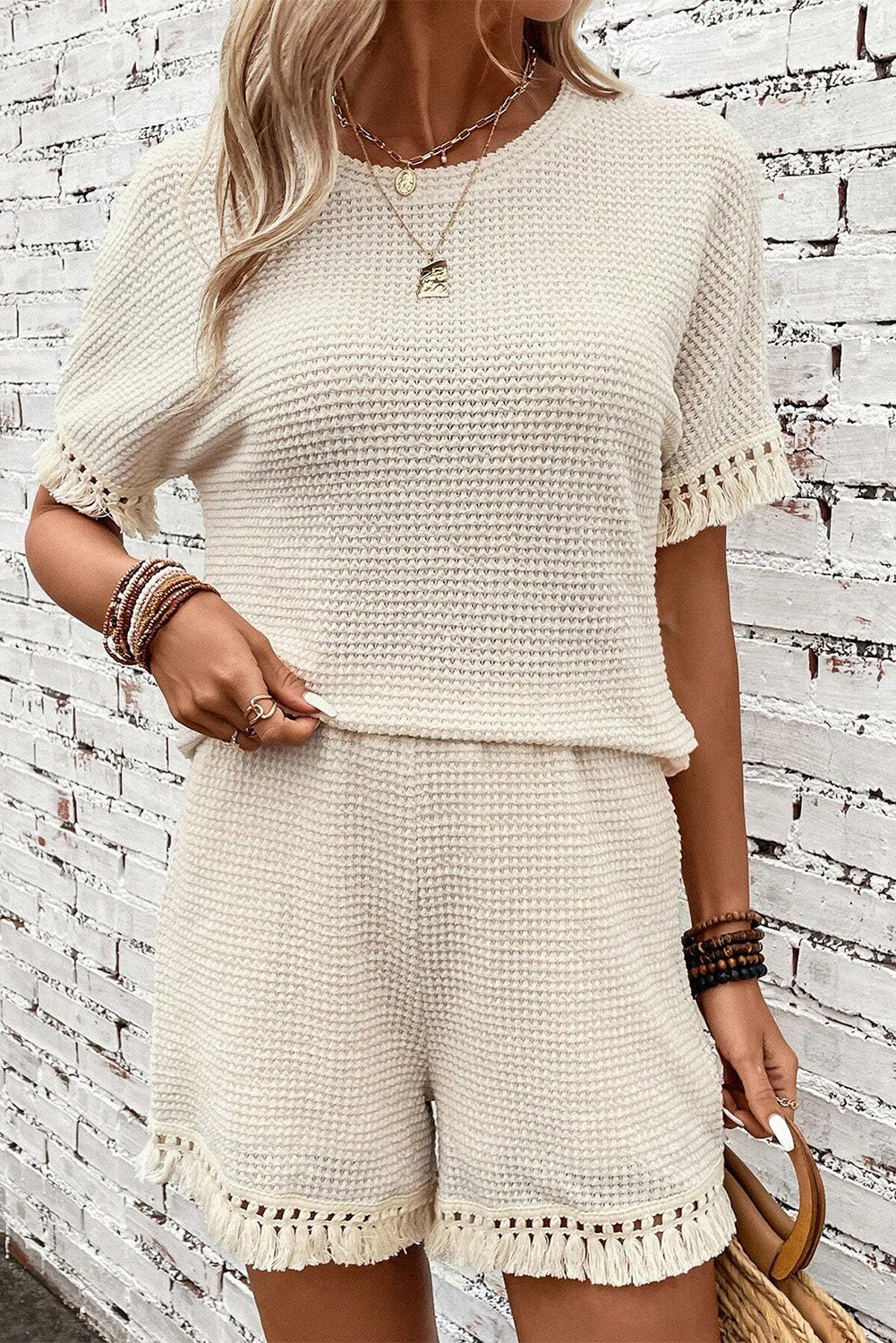 Beige Fringe Trim Waffle Knit Textured Shorts Set - Cowaa