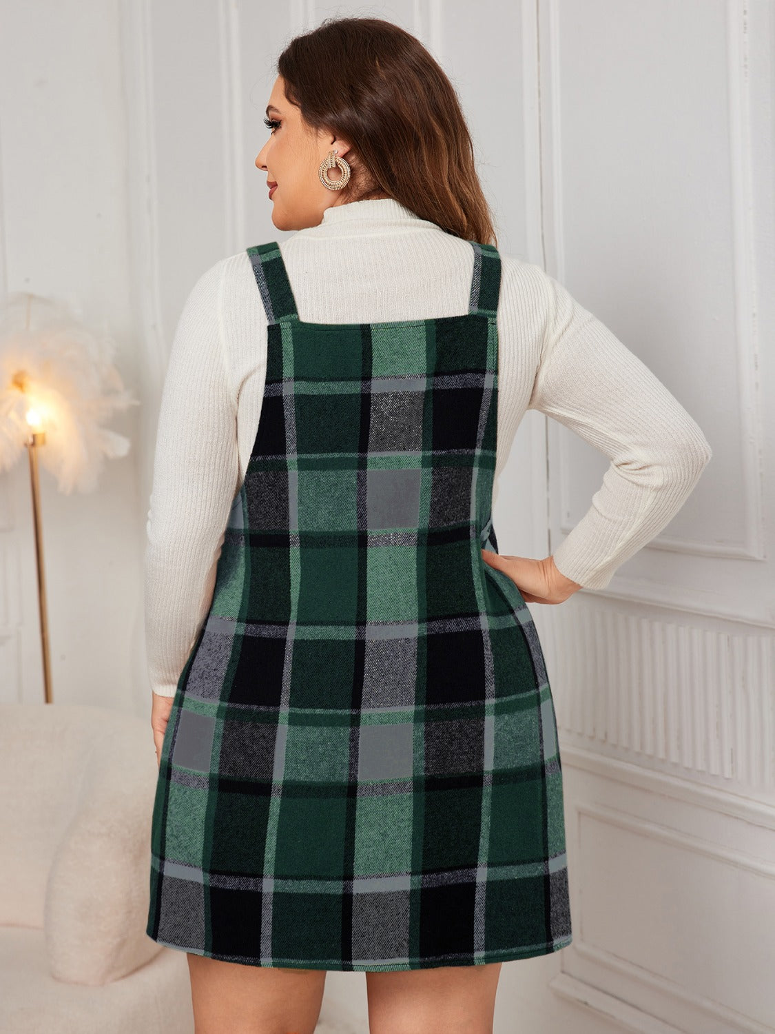 Plus Size Plaid Wide Strap Overall Dress - Cowaa