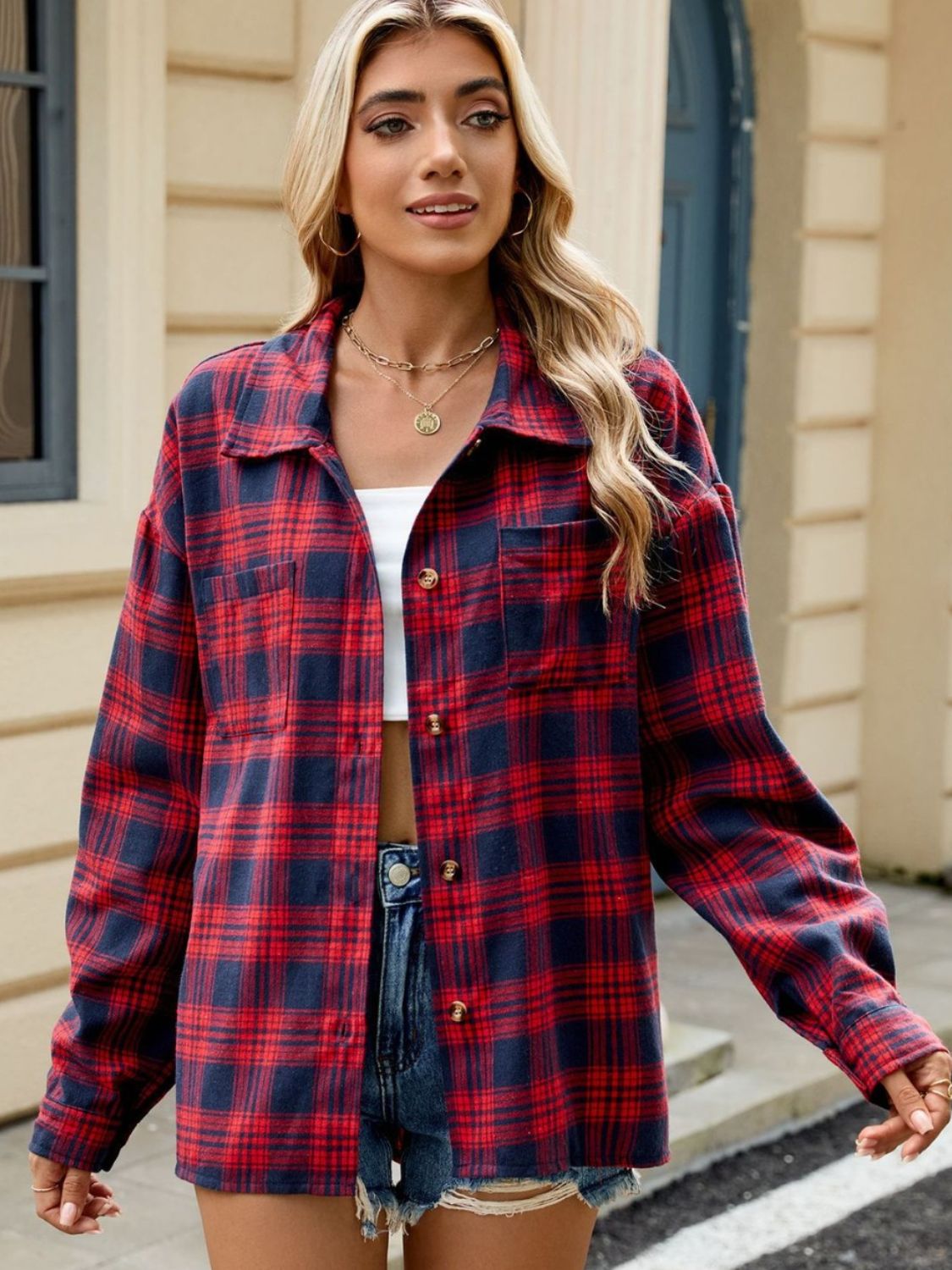 Plaid Collared Neck Long Sleeve Shirt - Cowaa