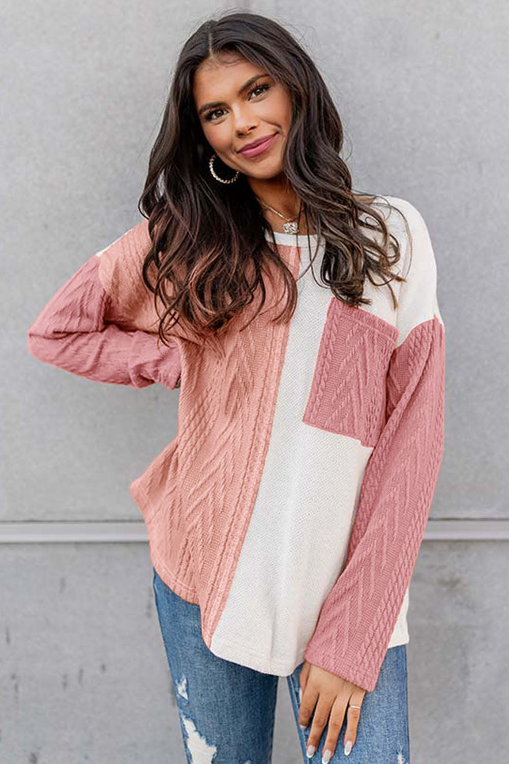 Long Sleeve Colorblock Chest Pocket Textured Knit Top - Cowaa