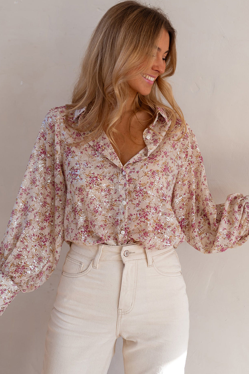 Pink Ditsy Floral Print Bishop Sleeve Collared V Neck Shirt - Cowaa