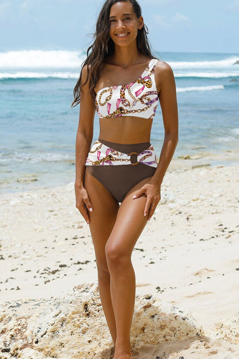 Brown Abstract Print One Shoulder Ring Linked High Waist Bikini