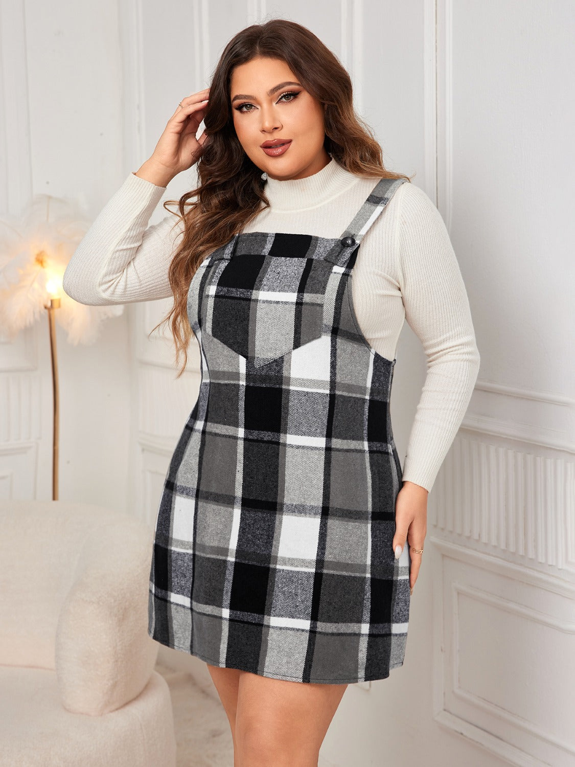 Plus Size Plaid Wide Strap Overall Dress - Cowaa