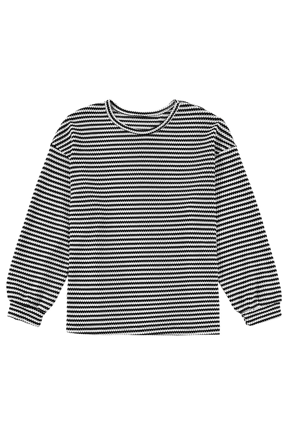 Black Stripe Drop Shoulder Puff Long Sleeve O Neck Plus Size T Shirt - Cowaa