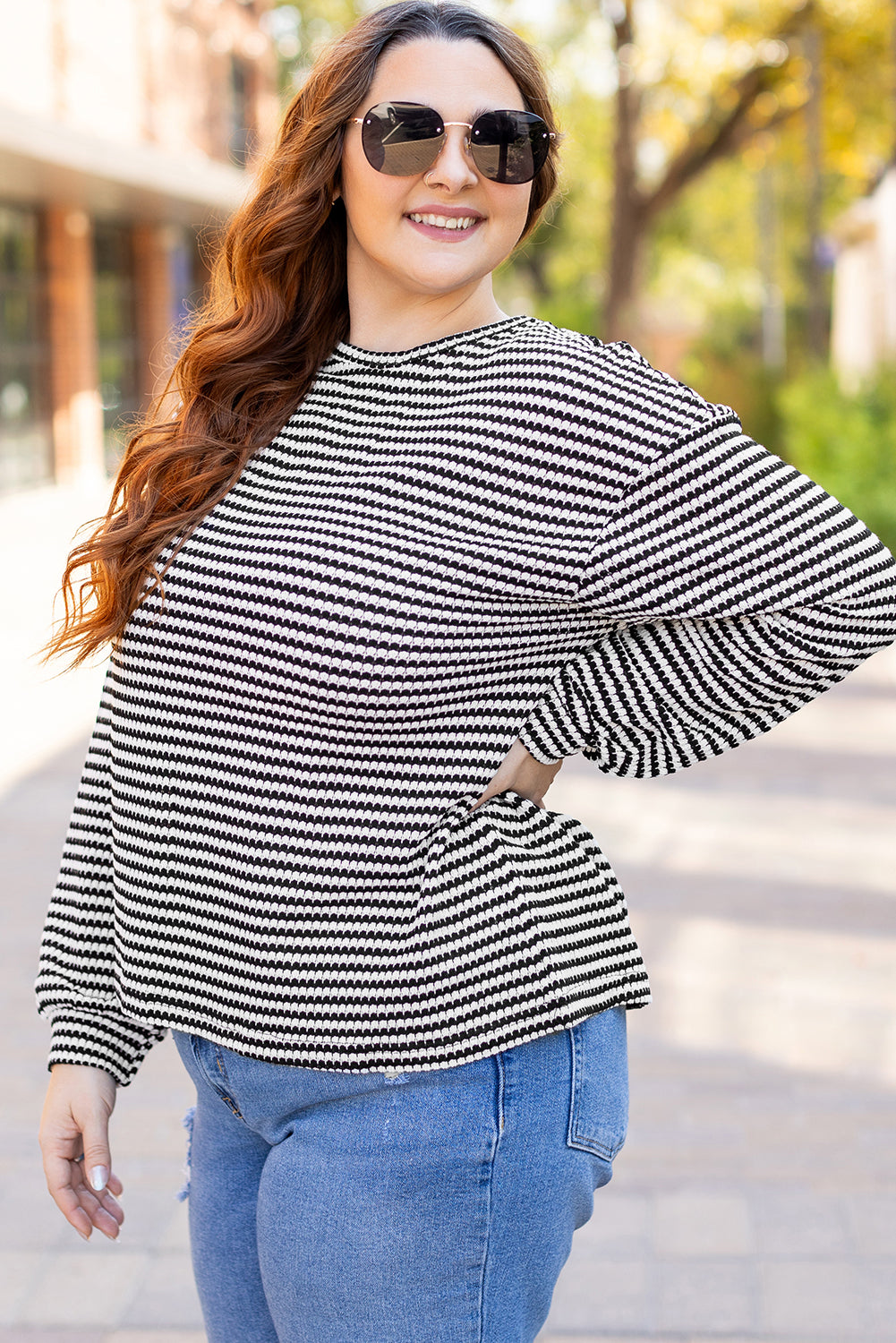 Black Stripe Drop Shoulder Puff Long Sleeve O Neck Plus Size T Shirt - Cowaa
