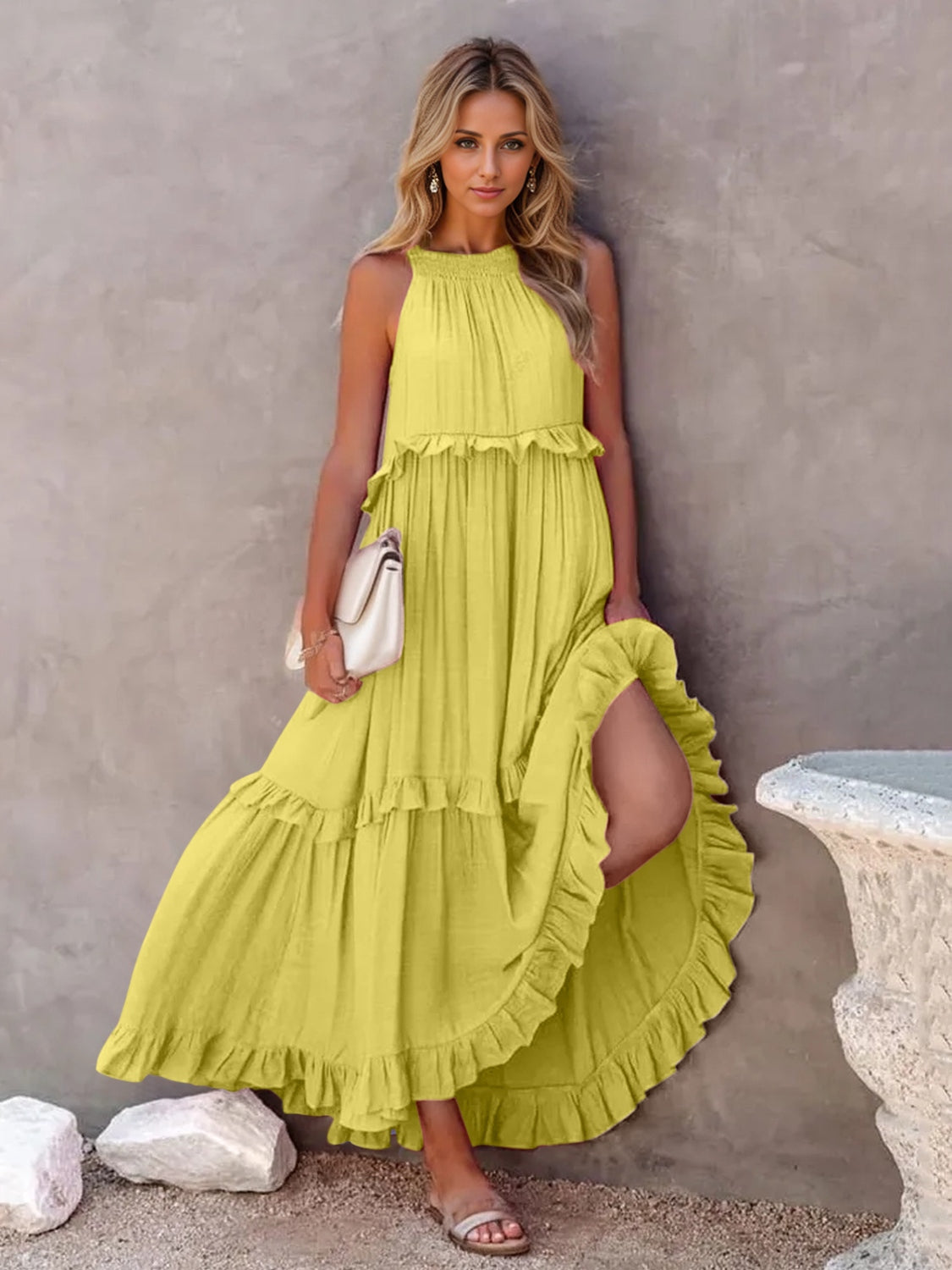 Ruffled Sleeveless Tiered Maxi Dress with Pockets - Cowaa