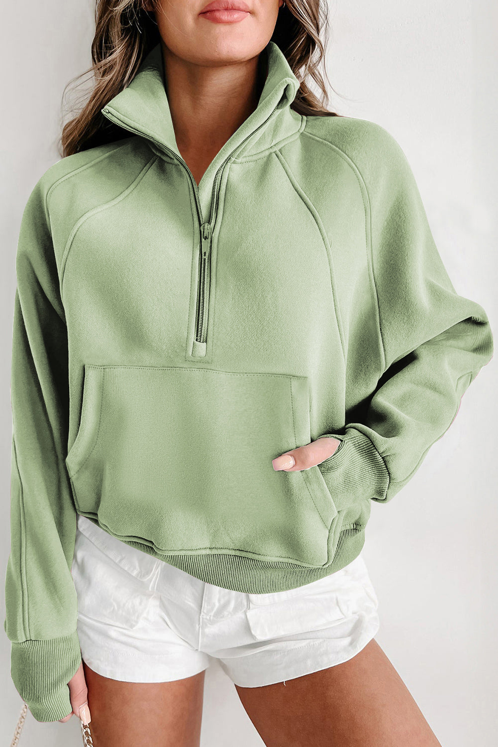 Brown Zip Up Stand Collar Thumbhole Sleeve Sweatshirt - Cowaa
