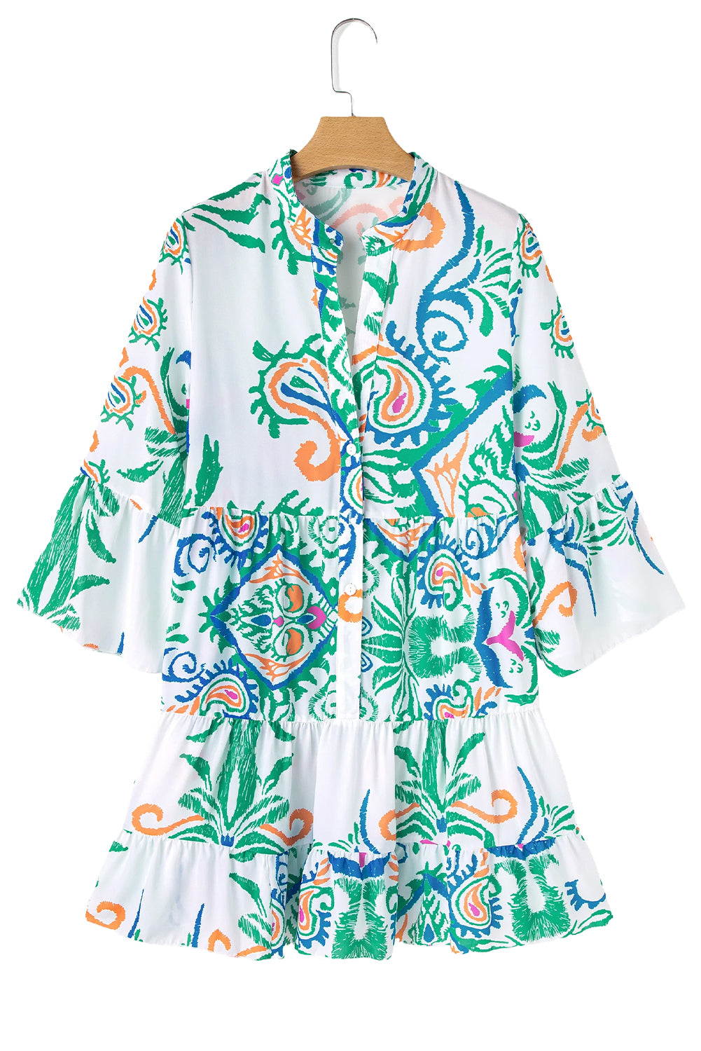 White Ethnic Print Boho Button Tiered Mini Dress - Cowaa