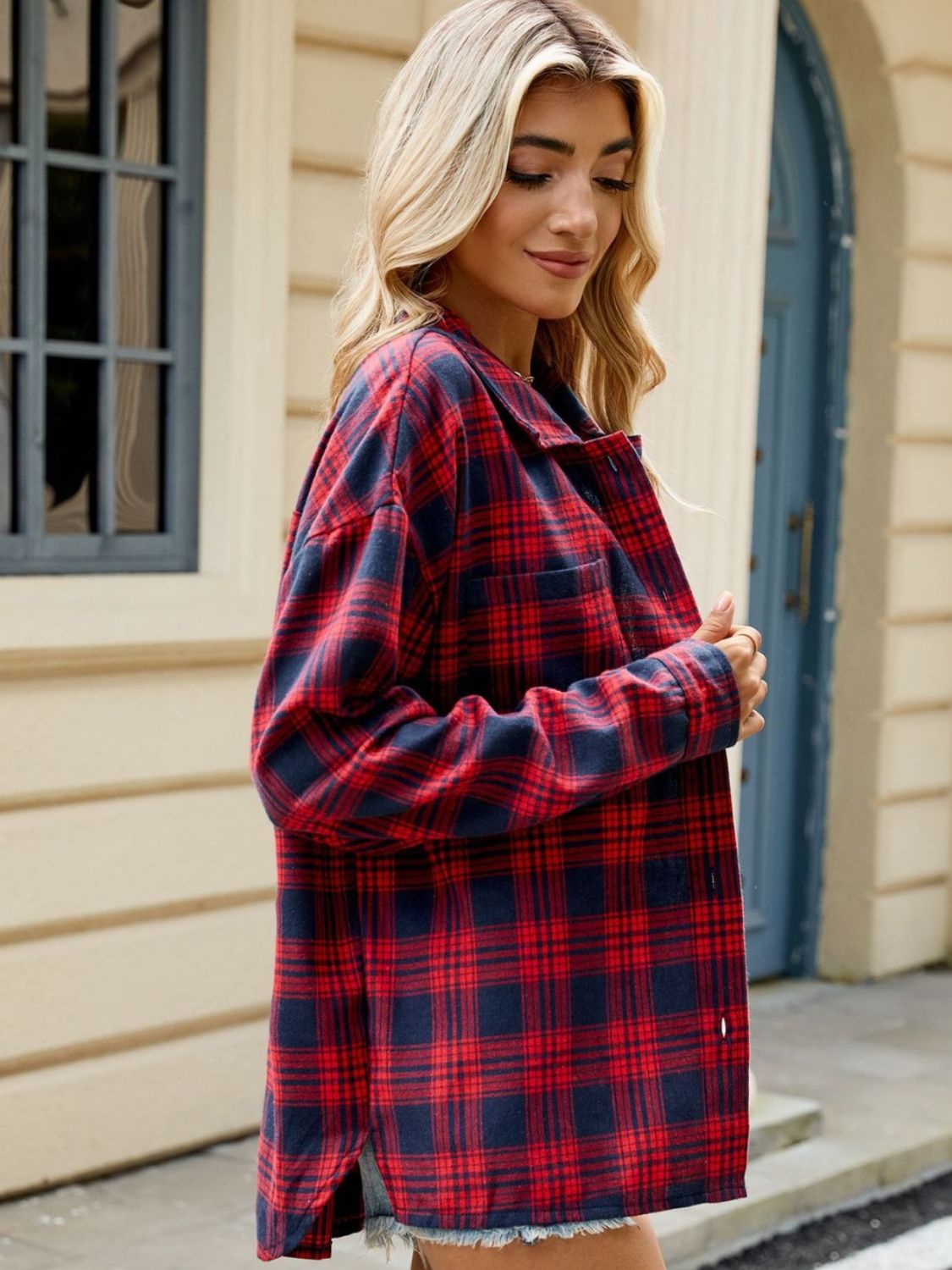 Plaid Collared Neck Long Sleeve Shirt - Cowaa