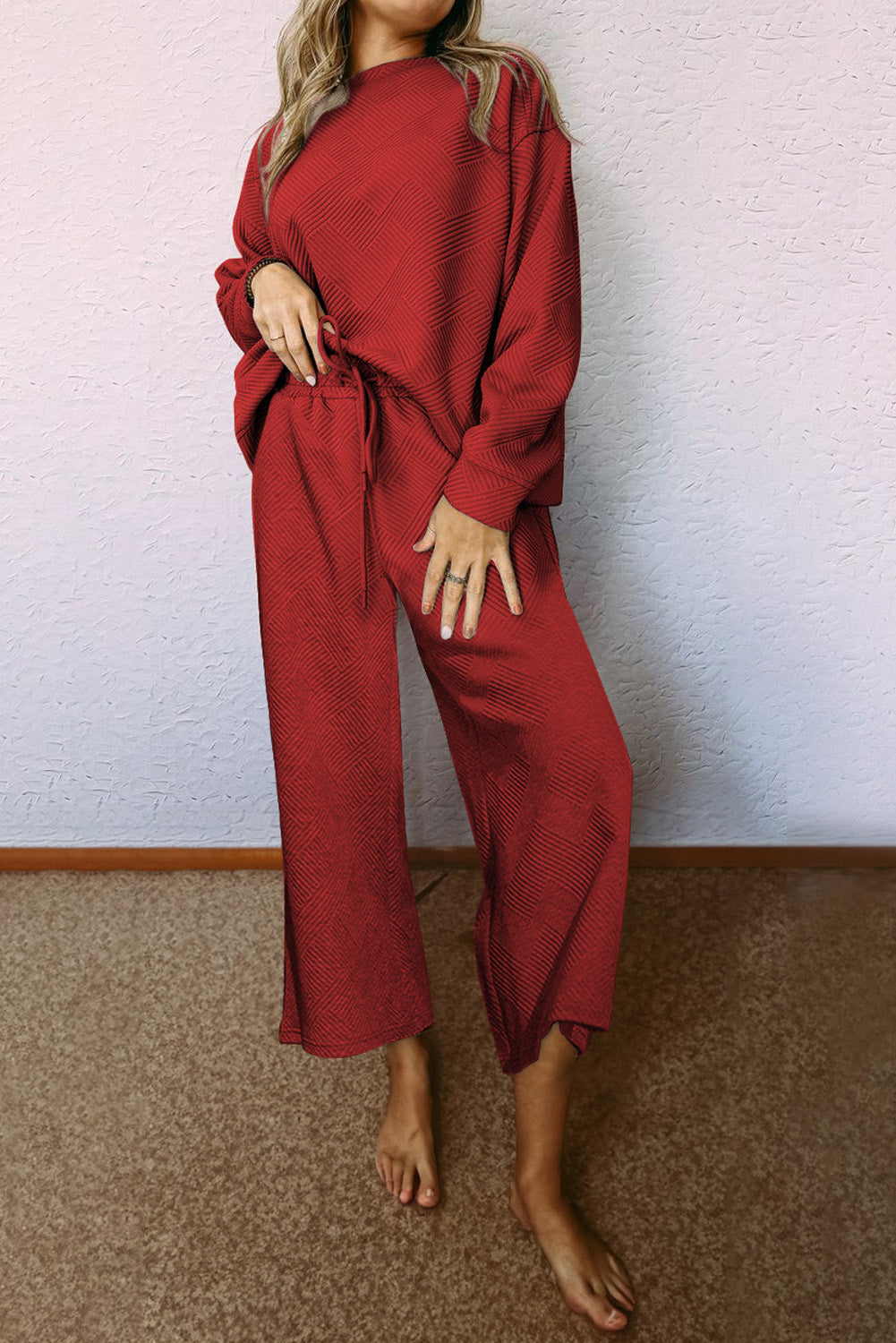 Strawberry Pink Textured Loose Slouchy Long Sleeve Top and Pants Set - Cowaa